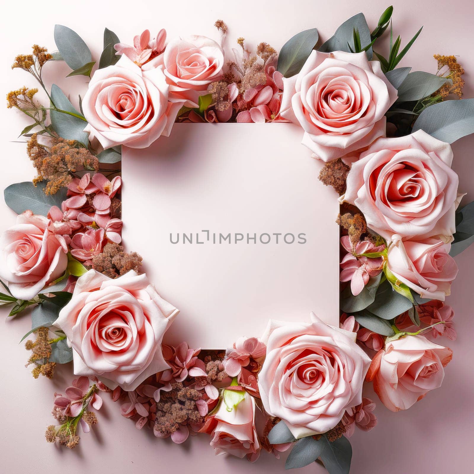 Frame of roses, set of roses and flowers floral wreath or picture invitation greeting card mockup with empty blank space template for wedding and romantic anniversary celebration concepts.