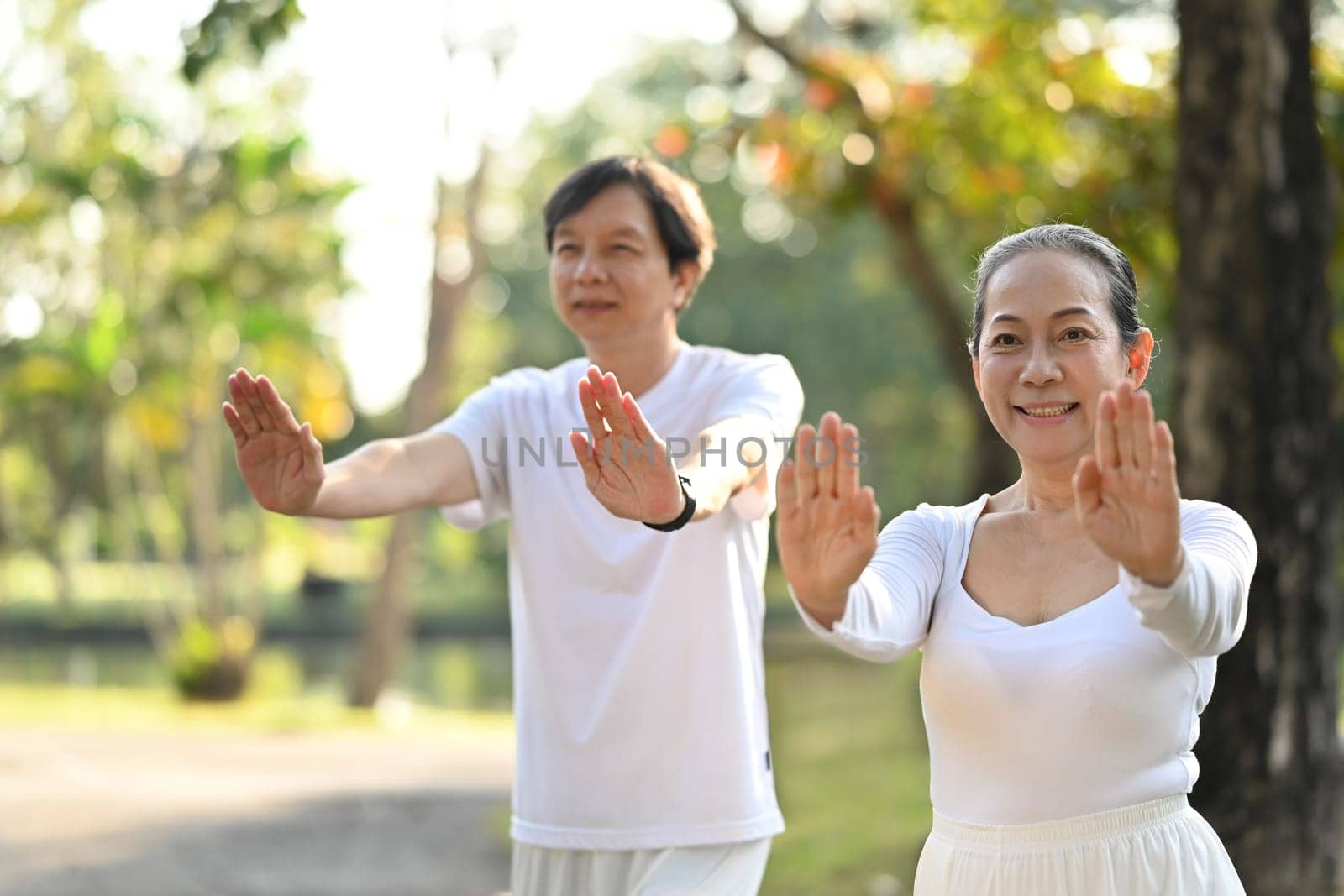 Beautiful active middle age couple doing Qi Gong or Tai Chi exercise for relaxation and health by prathanchorruangsak