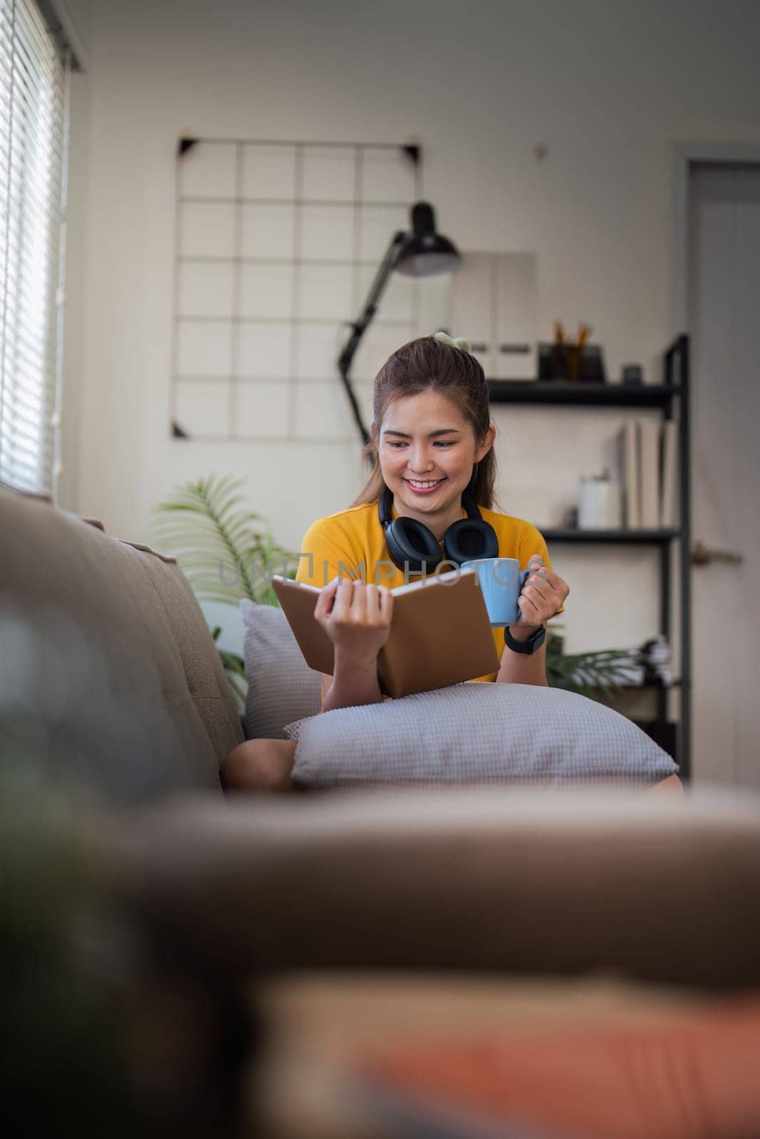 Happy young woman read book on sofa at home. Lifestyle freelance relax in living room. lifestyle relaxation concept.