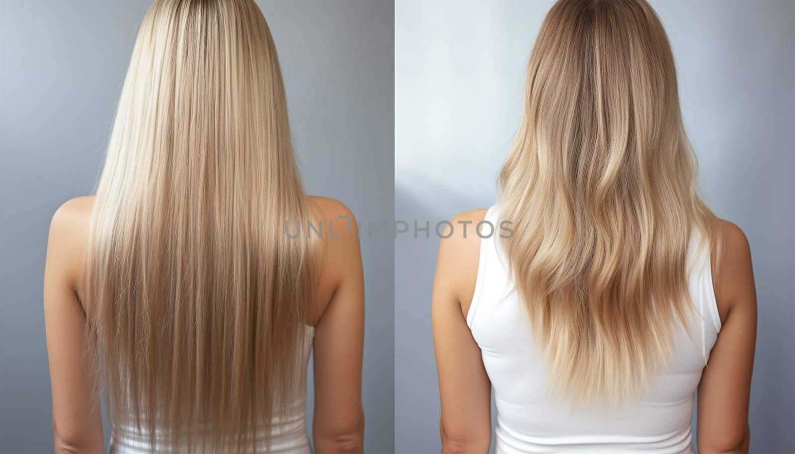 Young blonde woman before and after visiting beauty salon with hair coloring and hair cut. Hair salon. Sick, cut healthy hair care keratin woman. Before and after treatment. isolated light background. beauty