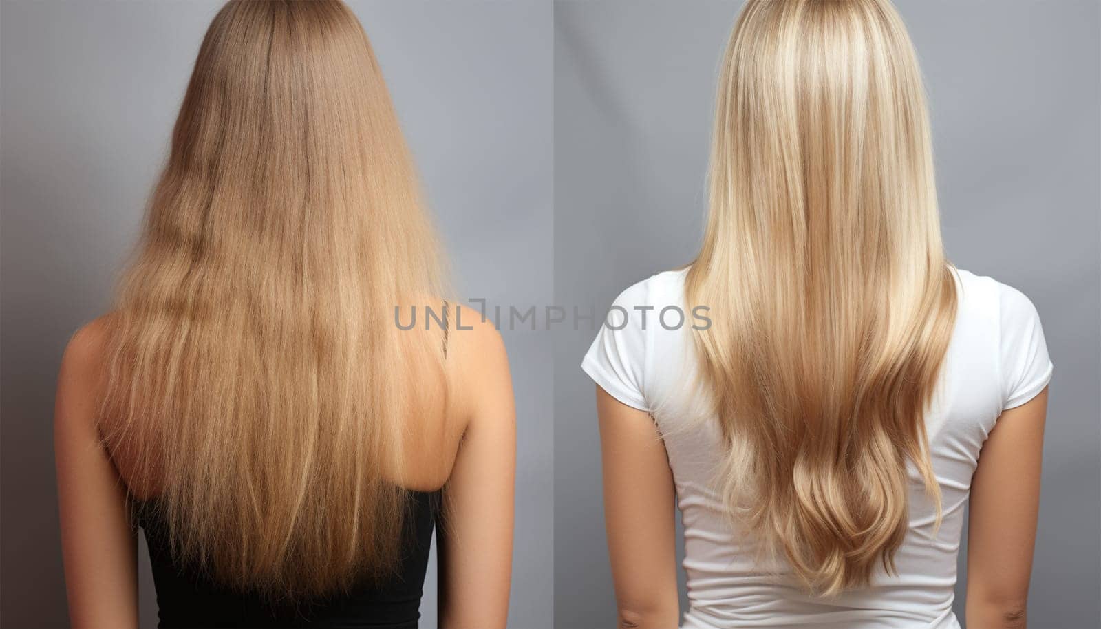 Young blonde woman before and after visiting beauty salon with hair coloring and hair cut. Hair salon. Sick, cut healthy hair care keratin woman. Before and after treatment. isolated light background. beauty
