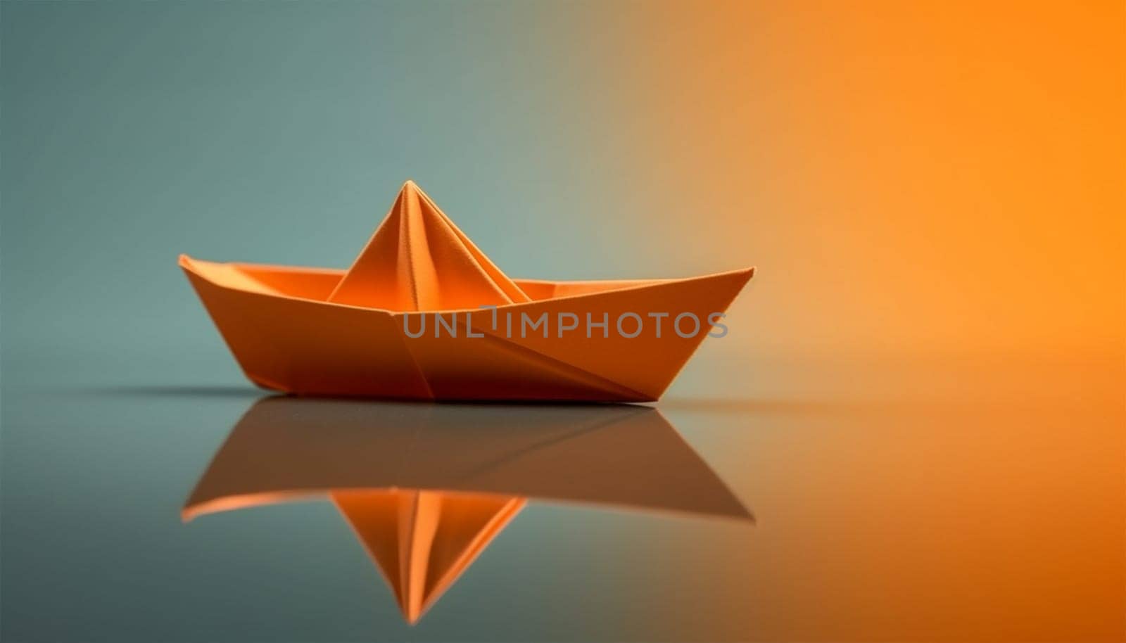 Creative image of white origami ships placed behind blue and orange paper ship representing concept of leadership on light background Copy space. Business concept design. by Annebel146