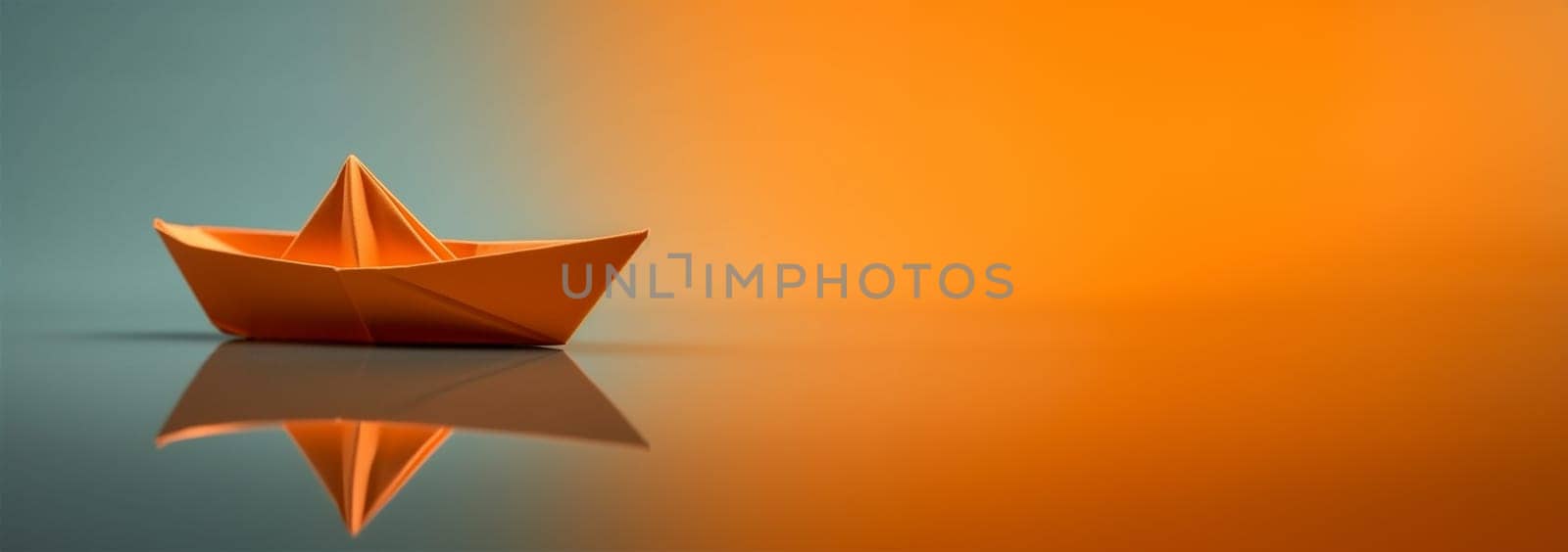 Creative image of white origami ships placed behind blue and orange paper ship representing concept of leadership on light background Copy space. Business concept design. by Annebel146