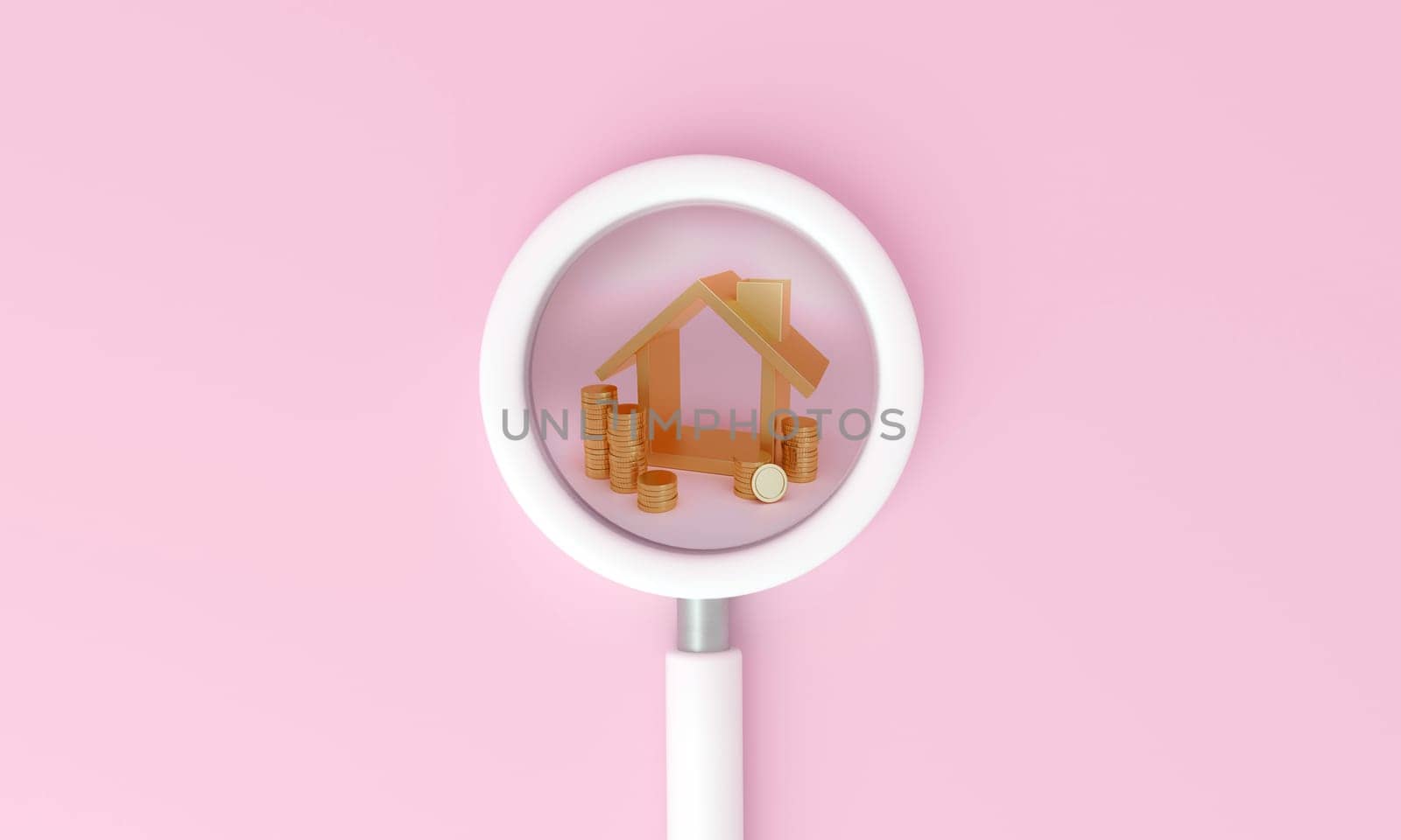 Magnifying glass looking for golden house on pink background. Growing demand for housing and real estate. 3D rendering.