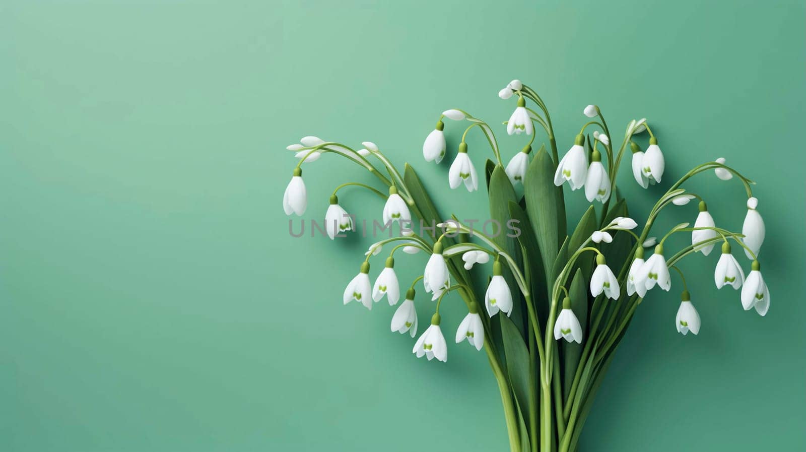 Bouquet of white snowdrops on a green background. Background for cards and banners. Copy space. Spring holiday background. by kizuneko