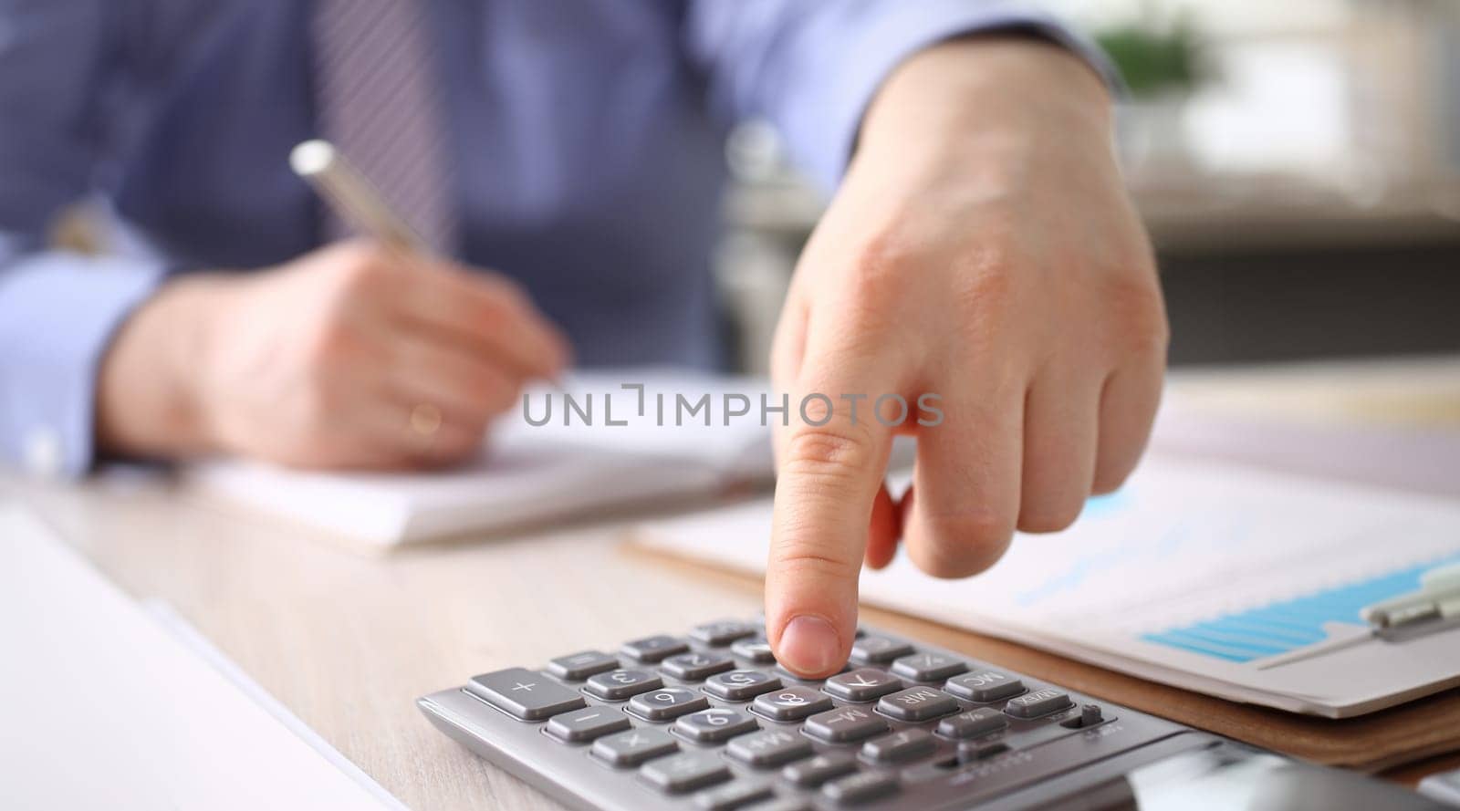 Businessman Calculate Finance Budget Press Button. Male Accountant Manager Making Annual Calculation, Notes at Workplace. Statistic Audit, Business Bookkeeping, Office Accounting Concept