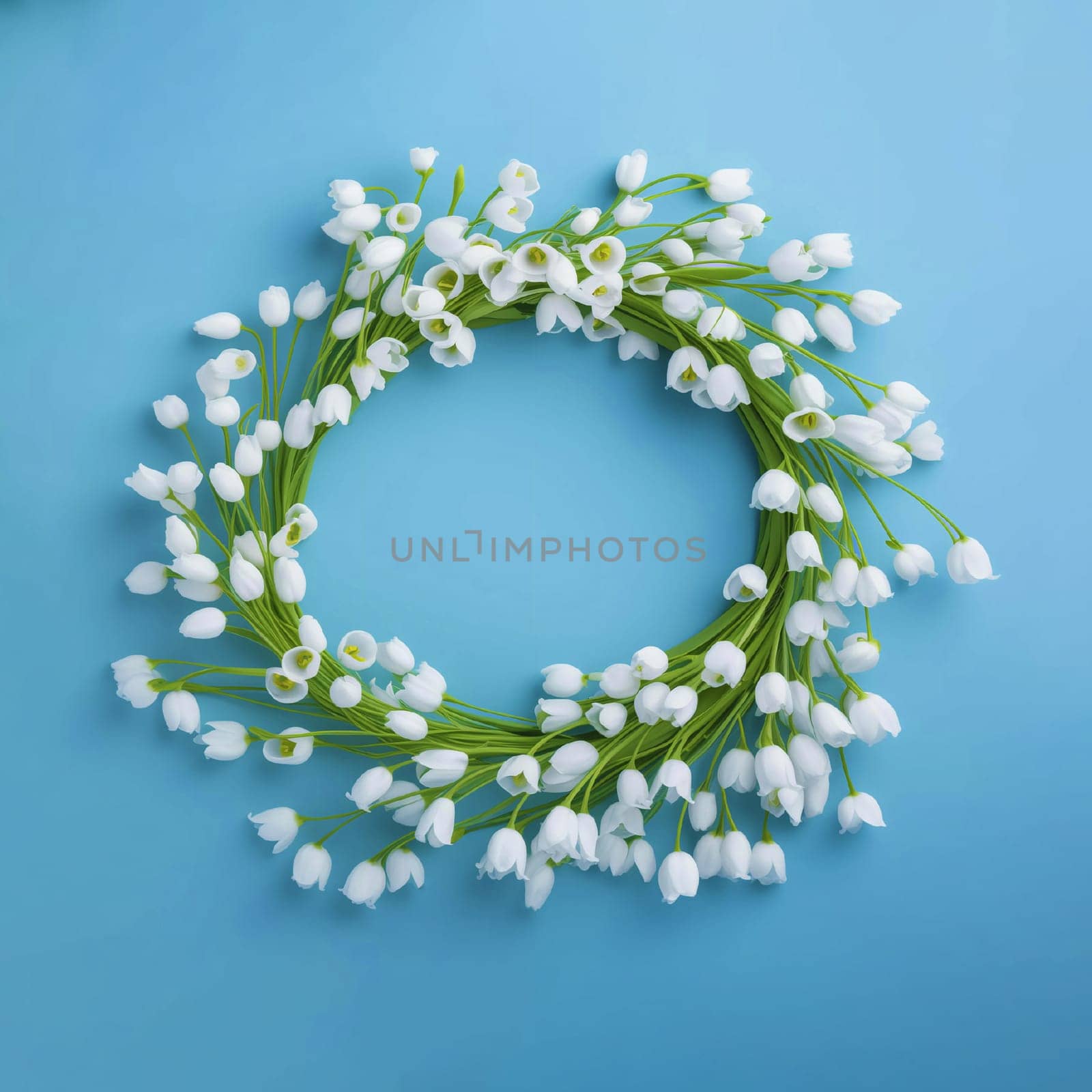Wreath of white snowdrops on a blue background. Background for cards and banners. Copy space. Spring holiday background. by kizuneko