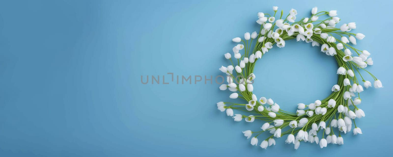 Wreath of white snowdrops on a blue background. Background for cards and banners. Copy space. Spring holiday background.