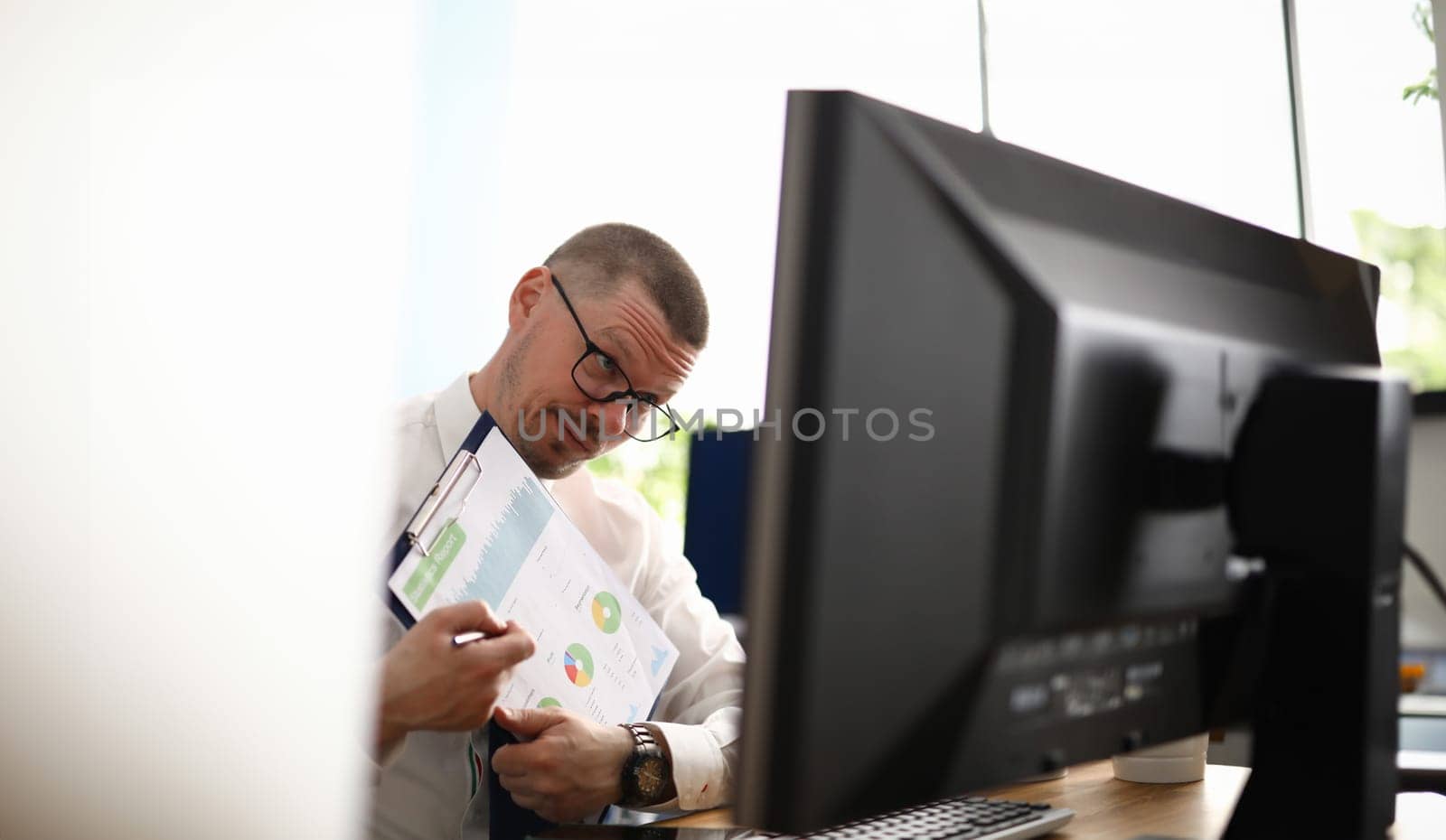 Portrait of male explain business plan to colleague. Smart middle-aged company worker in stylish glasses. Conference meeting. Video call. Business and economy concept