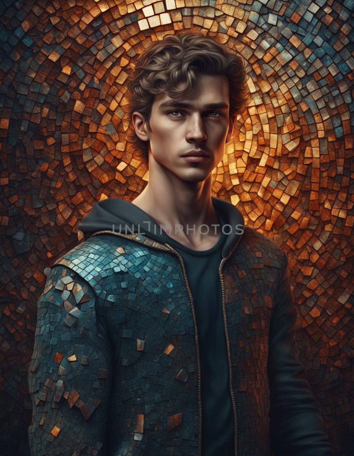 AI generated colourful mosaic portrait of an abstract young man.
