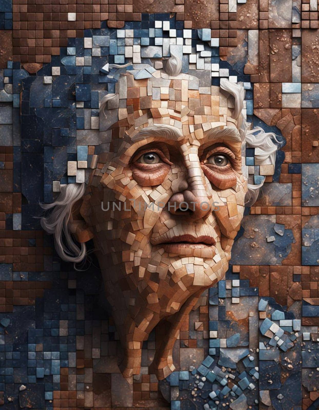 AI generated colourful mosaic portrait of an abstract middle aged woman.