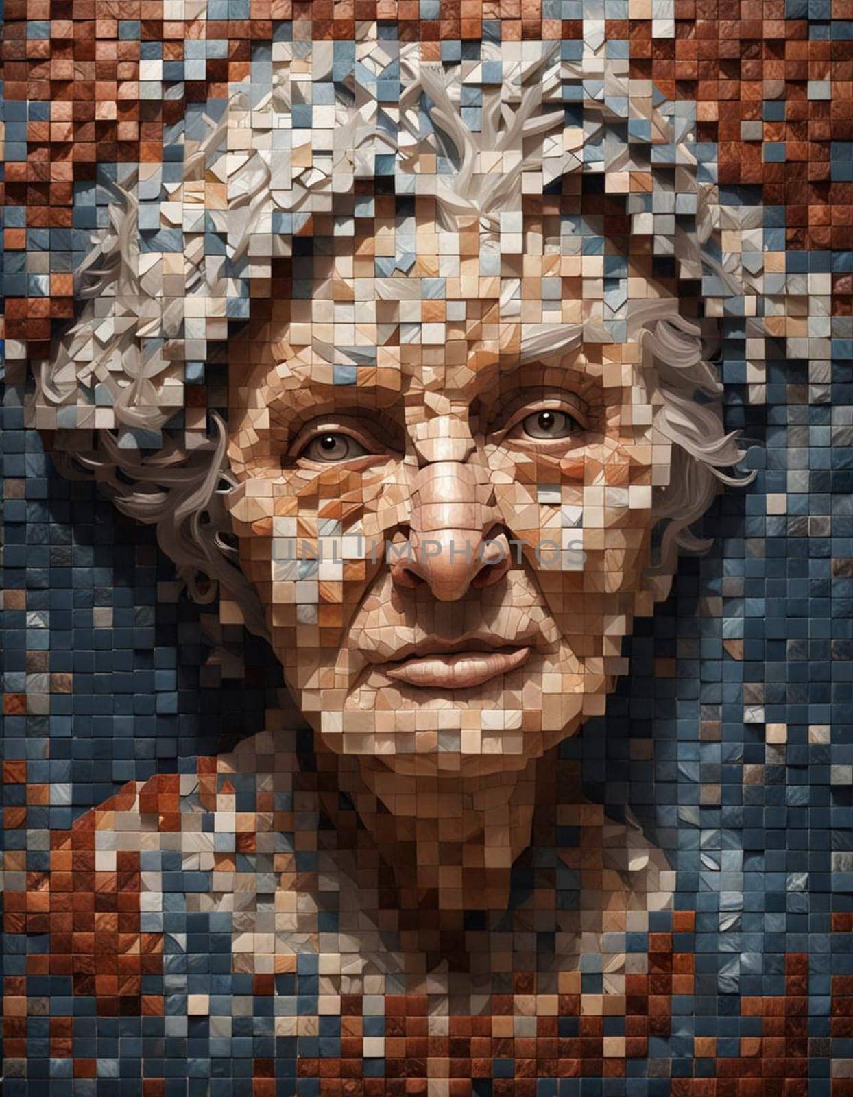 AI generated colourful mosaic portrait of an abstract middle aged woman.