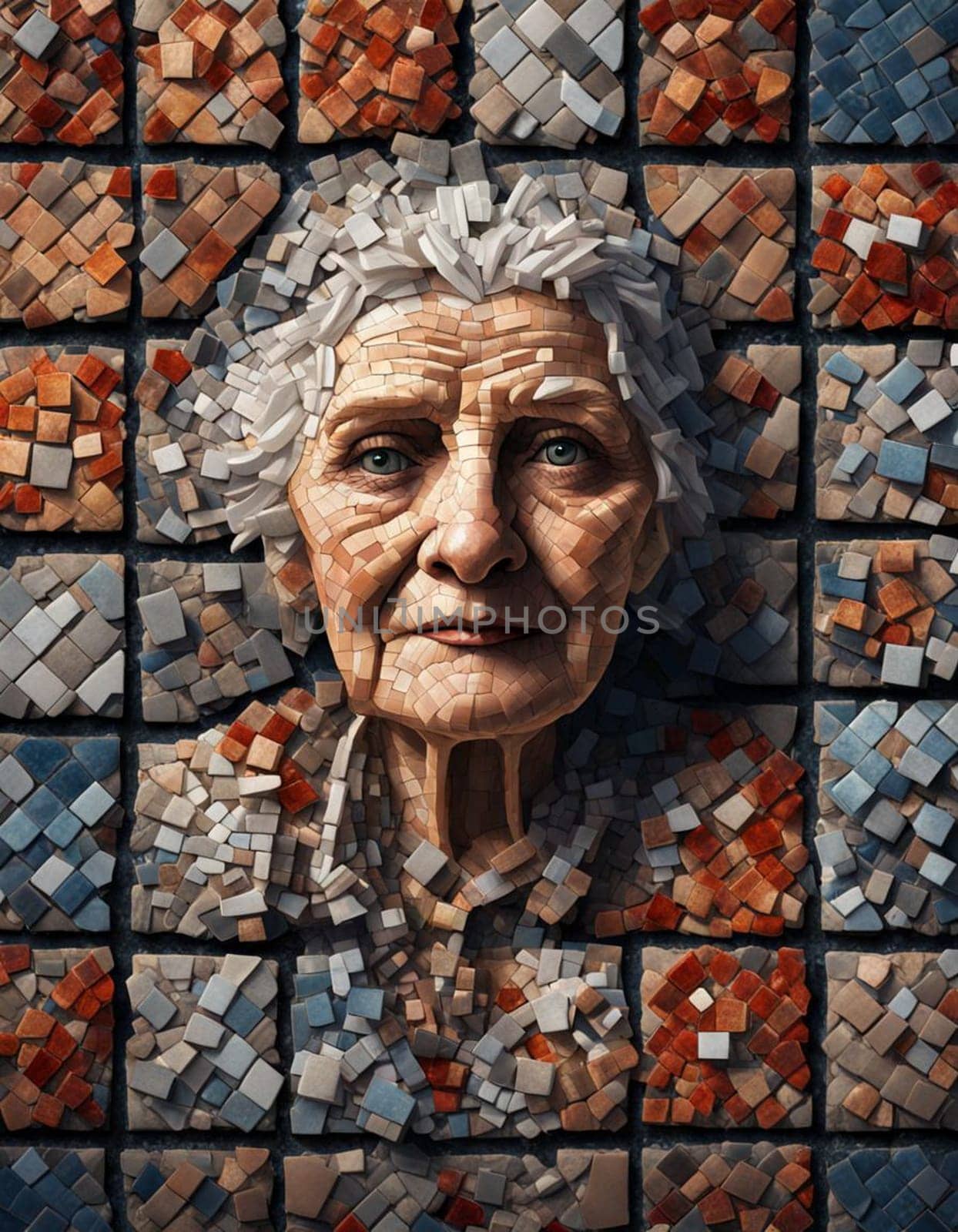 AI generated colourful mosaic portrait of an abstract middle aged woman.