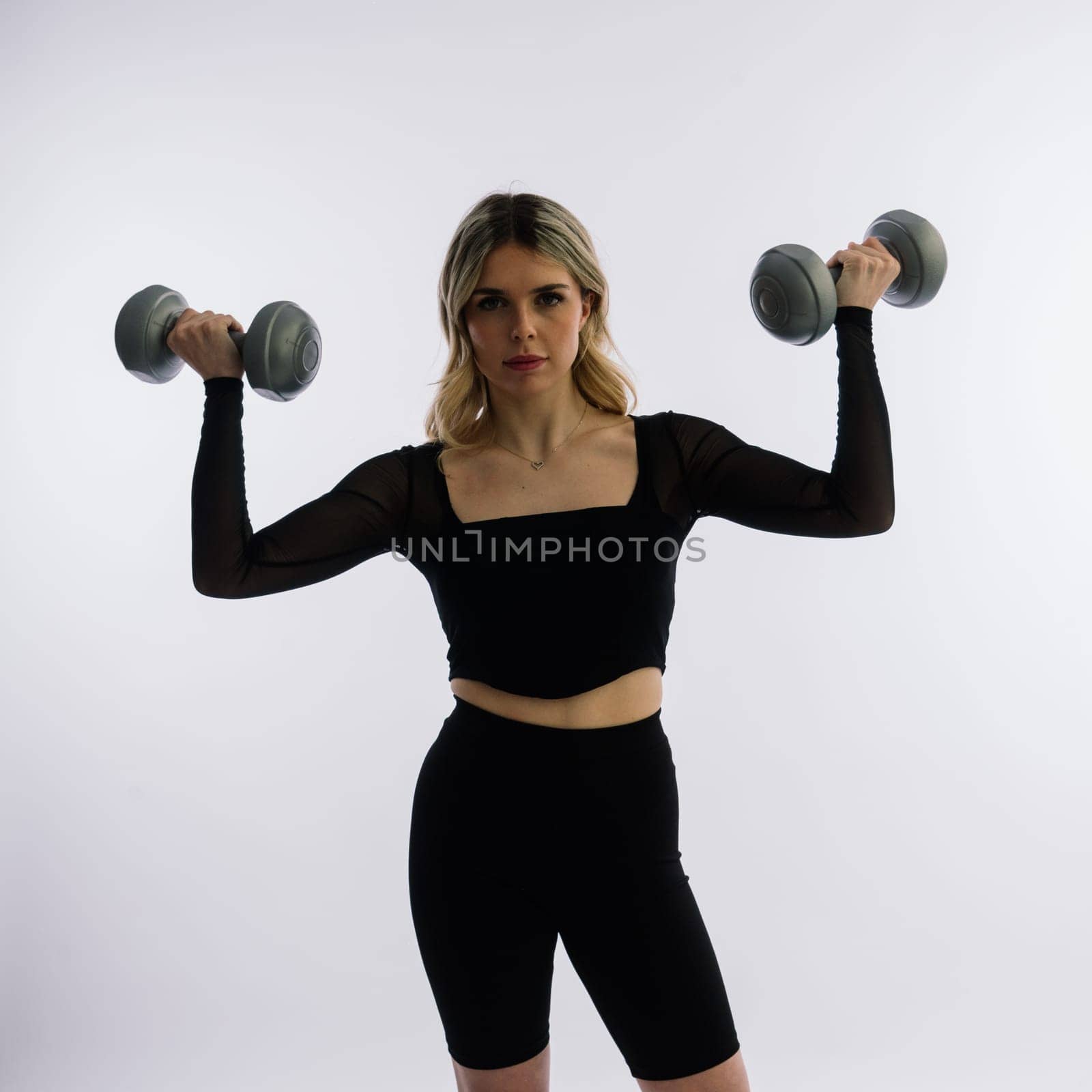 Woman, portrait and fitness, sunglasses and dumbbells, retro fashion accessory and muscle trainings