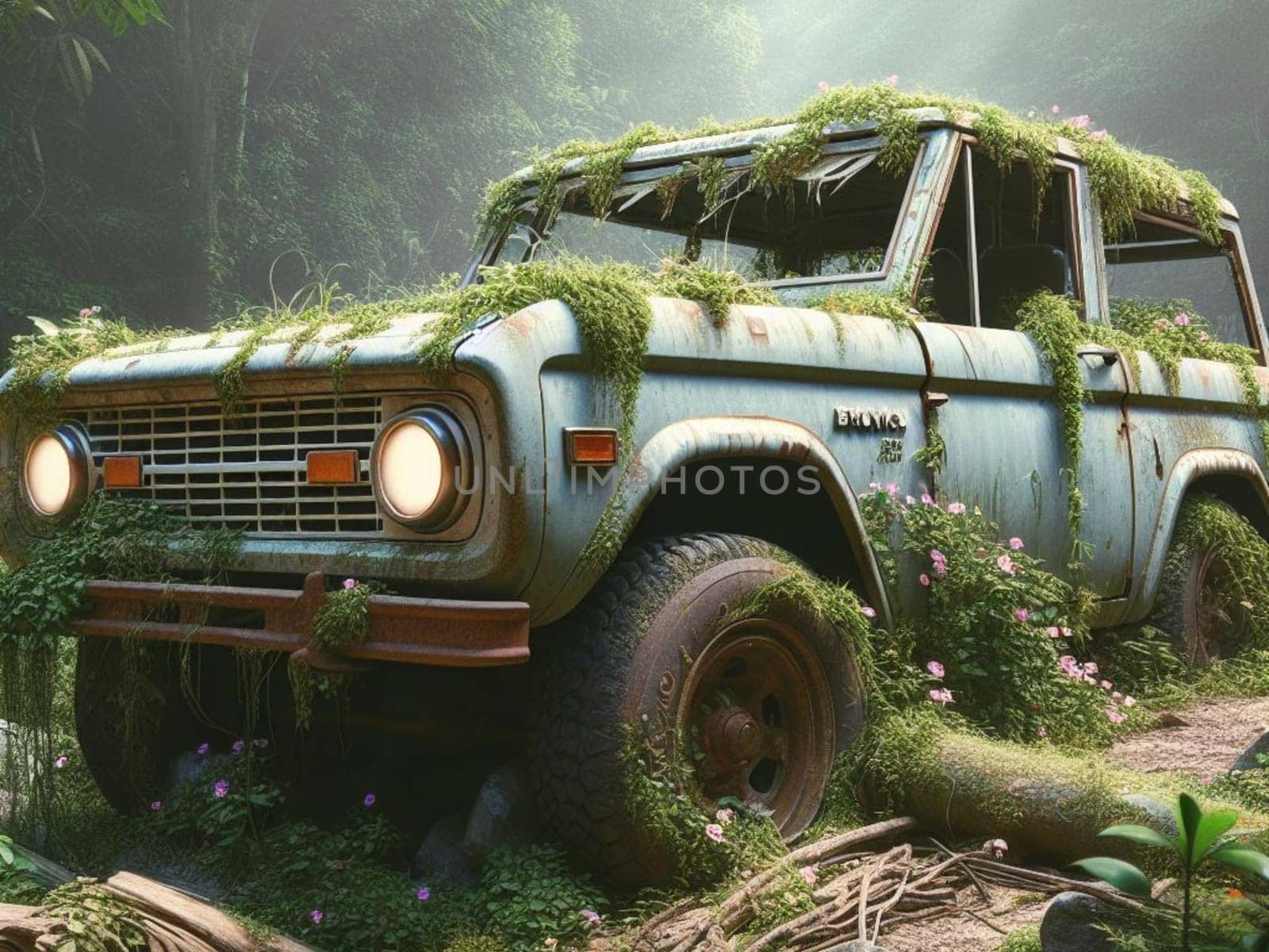 Abandoned rusty expensive atmospheric 4x4 suvas circulation banned for co2 emission 2030 agenda , severe damage, broken parts, plants overgrowth bloom flowers. ai generated