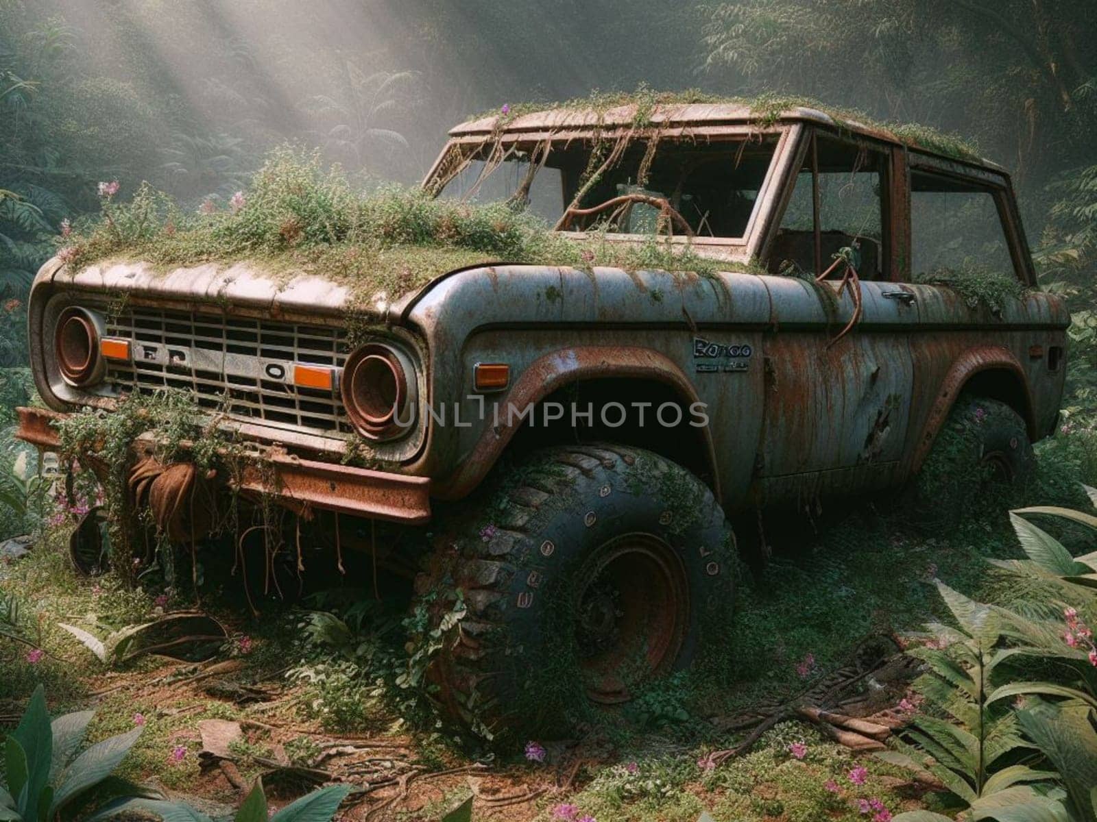 Abandoned rusty expensive atmospheric 4x4 suvas circulation banned for co2 emission 2030 agenda , severe damage, broken parts, plants overgrowth bloom flowers. ai generated