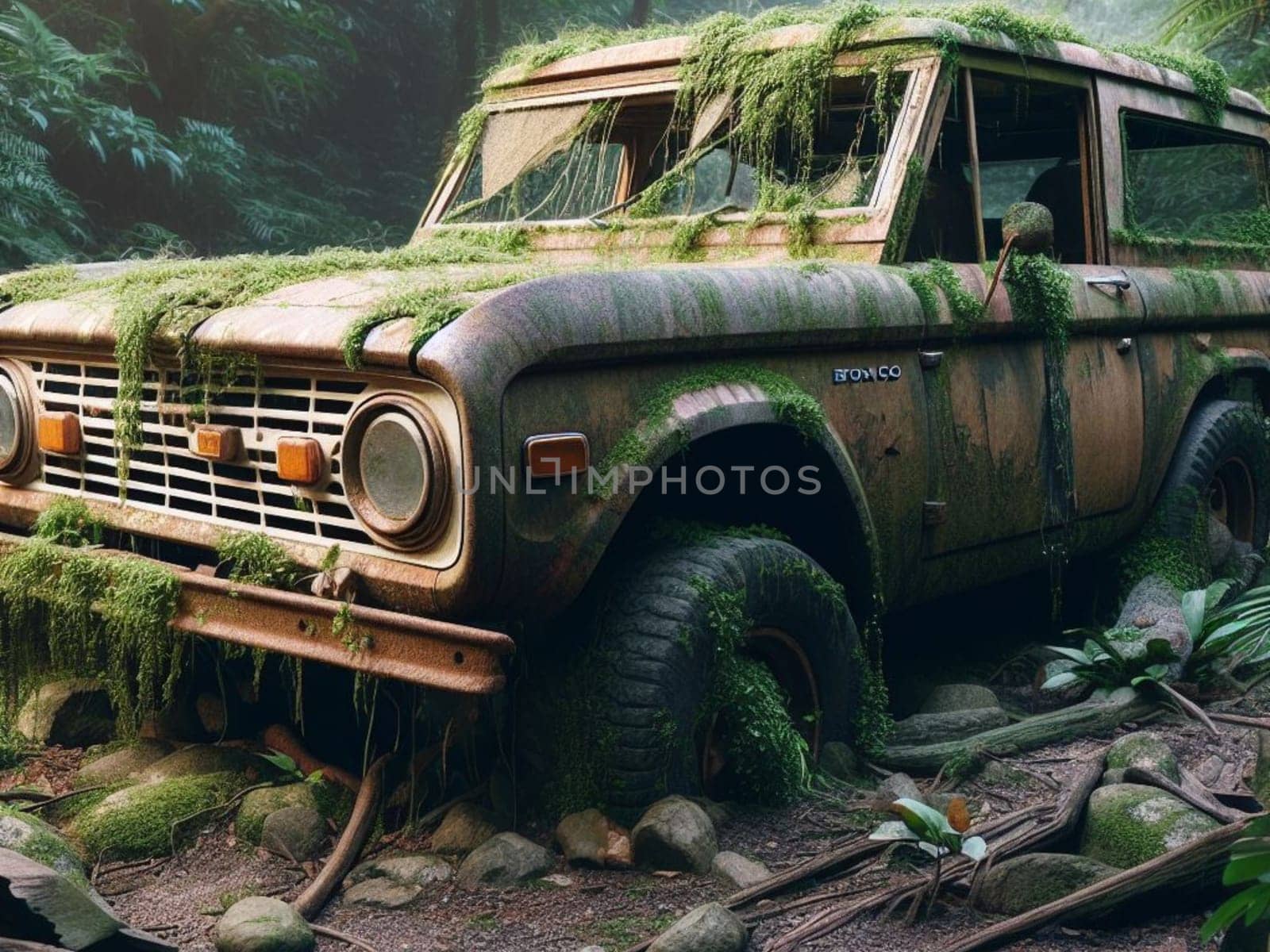 Abandoned rusty petrol luxury suv banned for co2 emission agenda, overgrowth plants bloom flowers by verbano