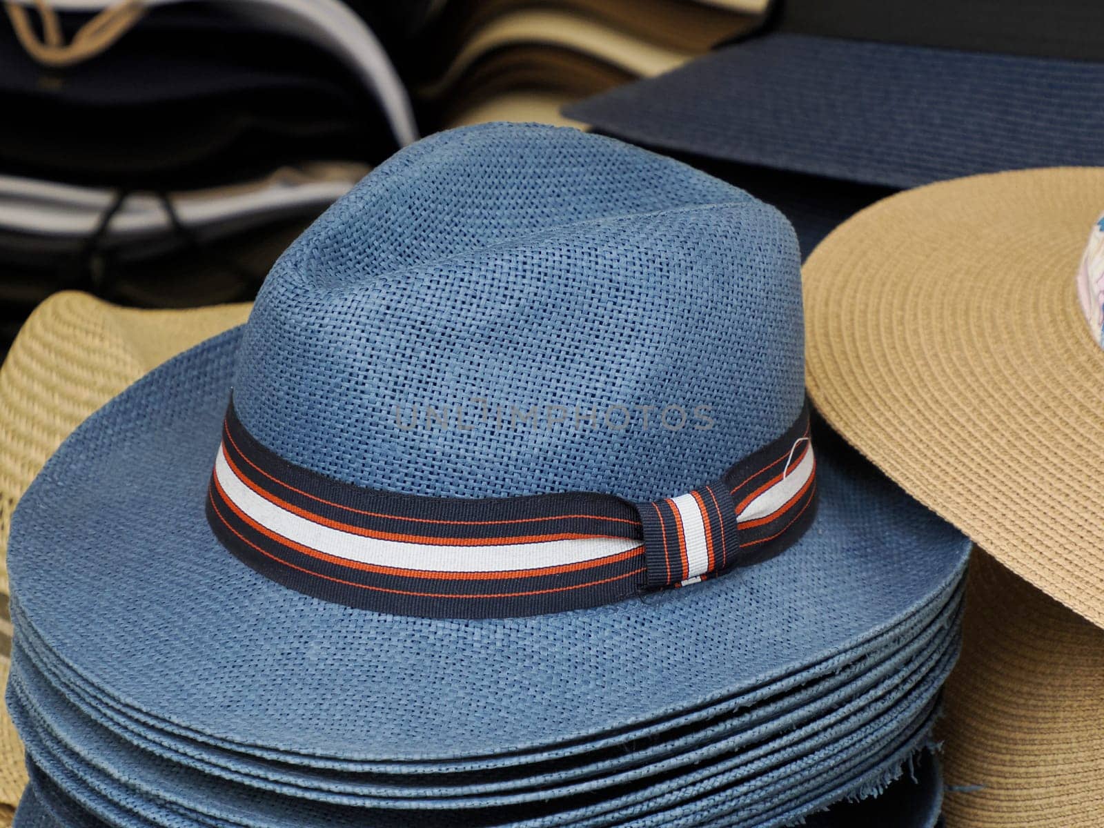 Many Panama hats in a store street market