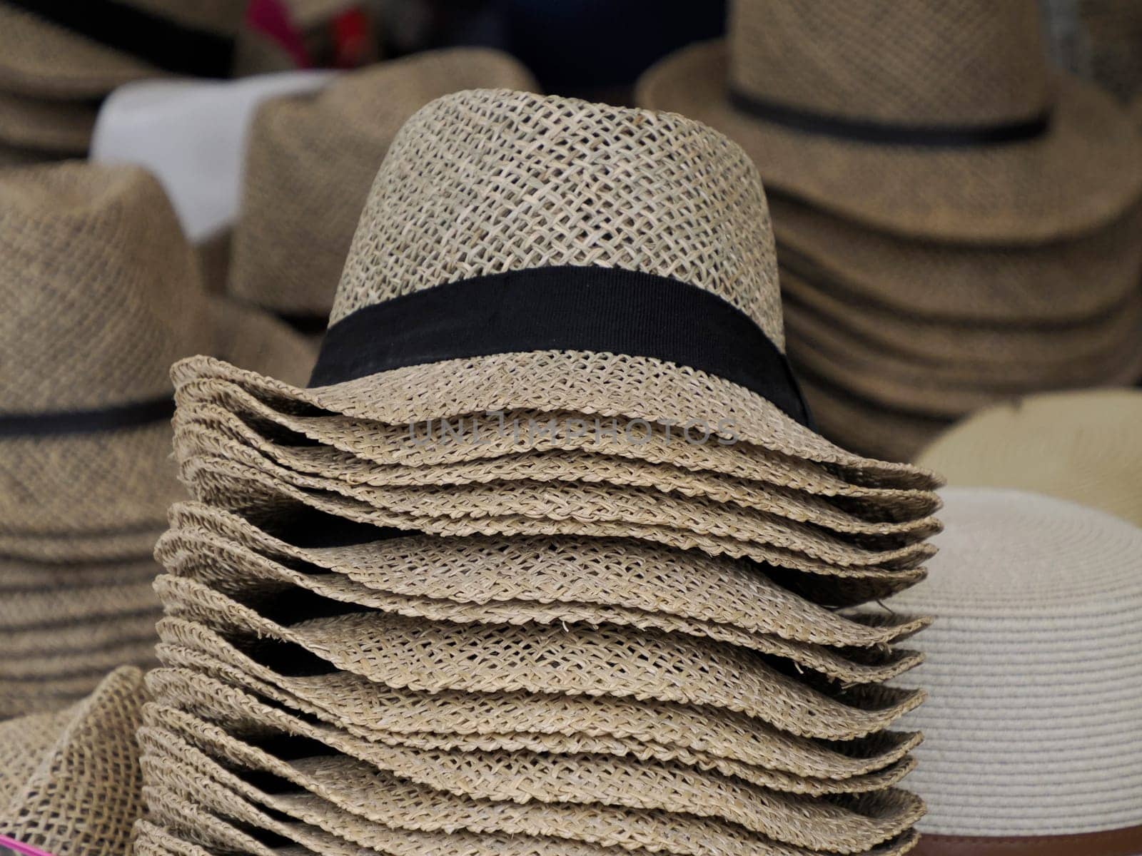 Many Panama hats in a store street market