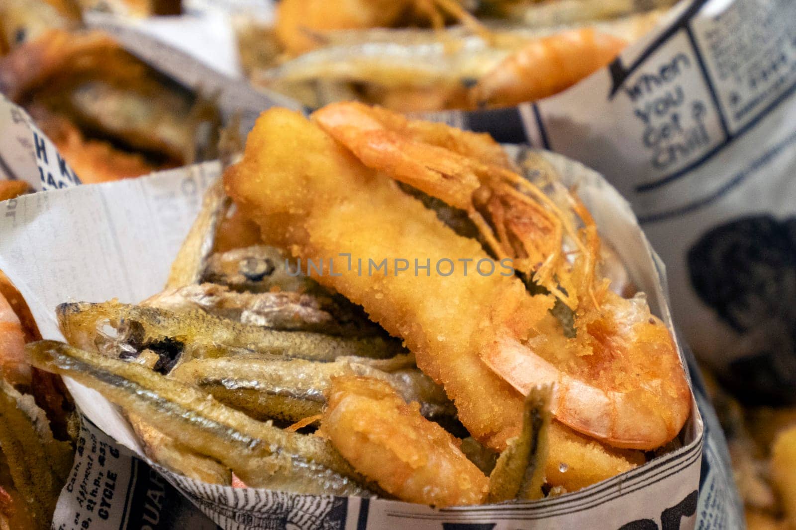 fried sea food at boqueria barcelona fruit seafood meat ham food market by AndreaIzzotti