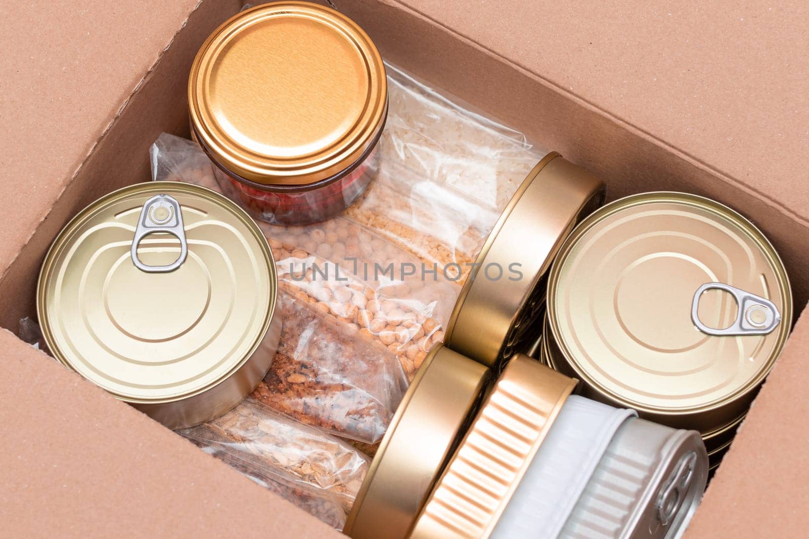 Carton Box with Canned Food, Cereals and Grocery - Donation Box or Food Reserves by InfinitumProdux