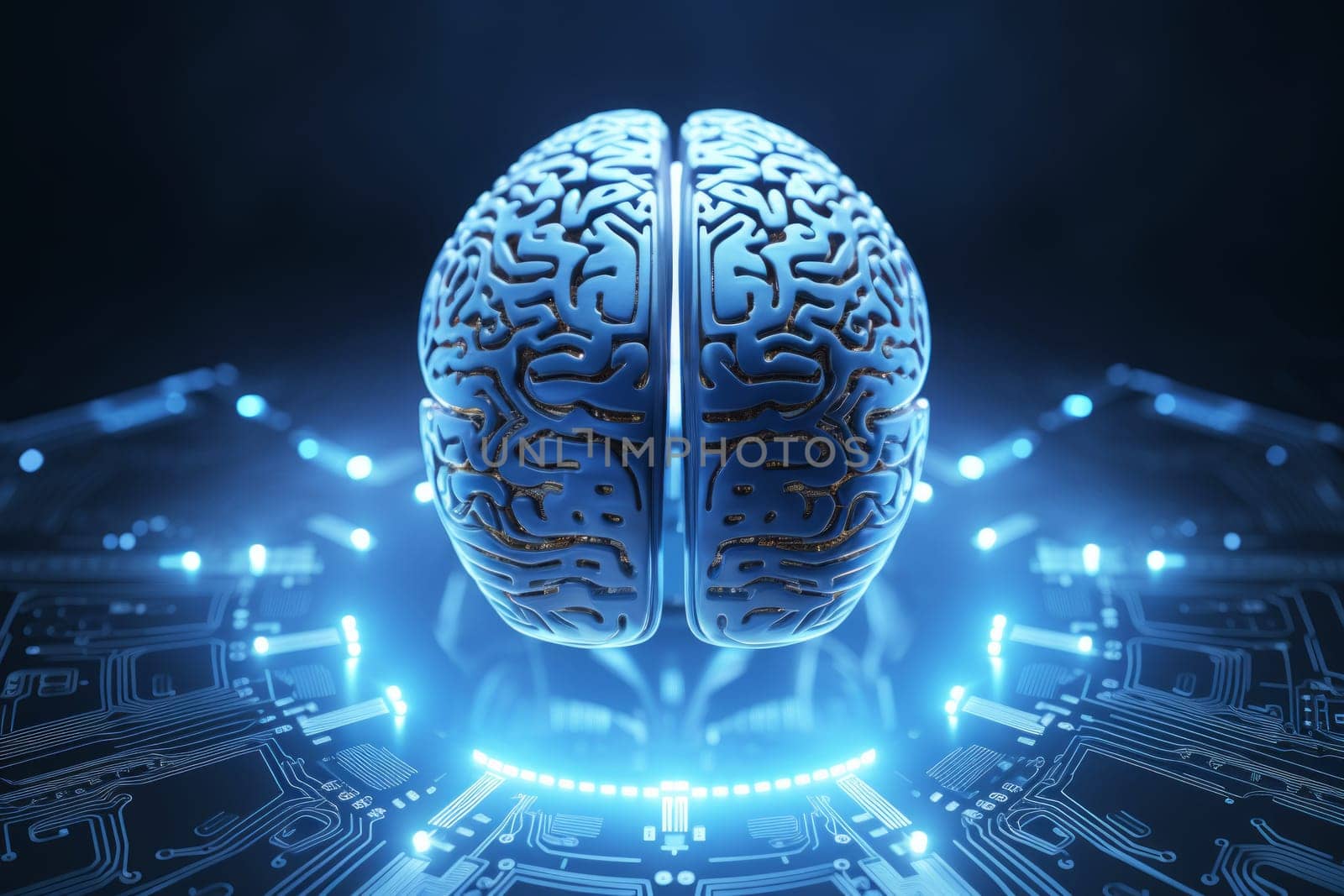 Brain of artificial intelligence on a blue background. Artificial intelligence or neural network concept.