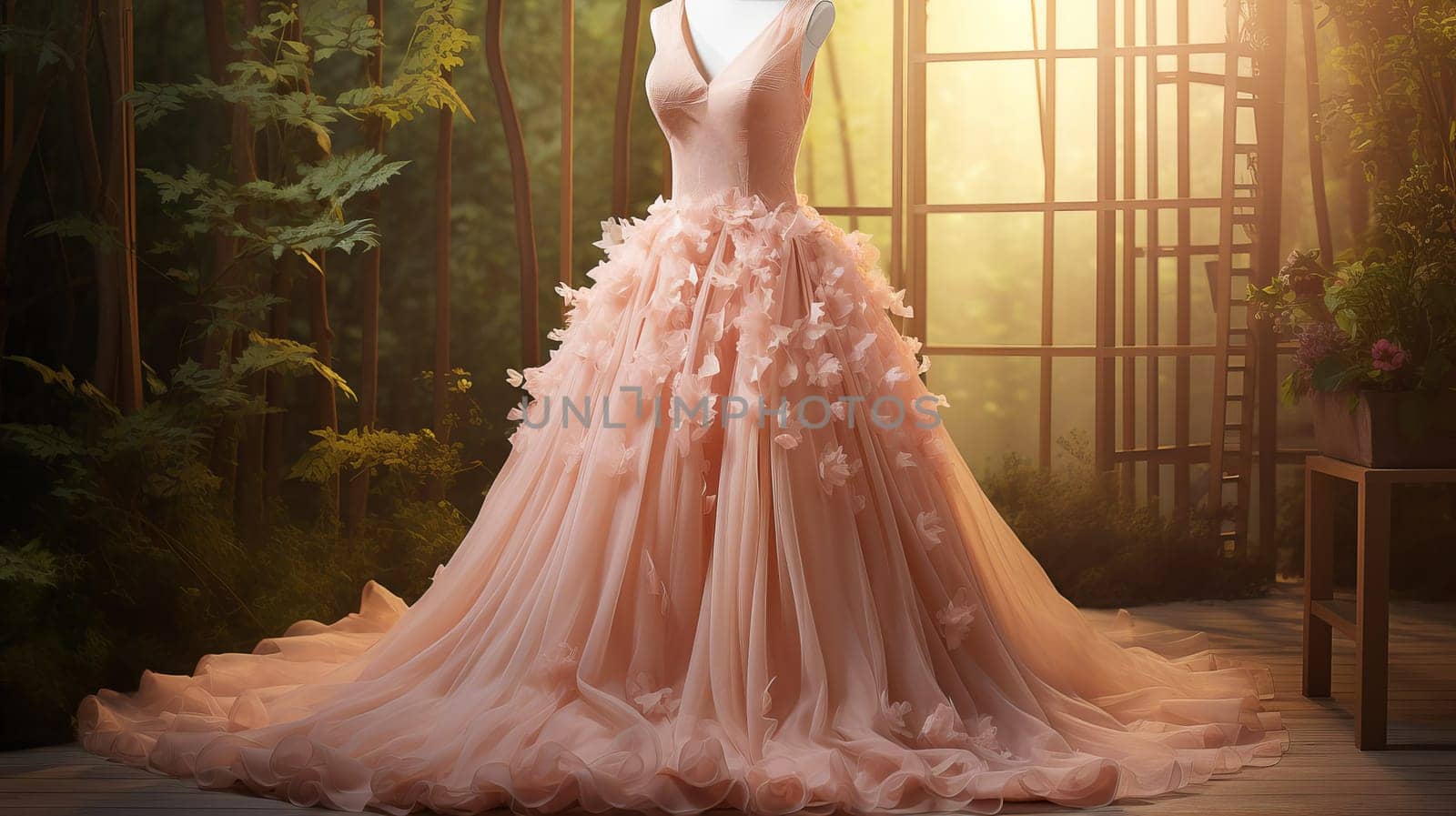 Dress made of delicate fabric. Color of the year 2024 peach fuzz. AI generated. by OlgaGubskaya