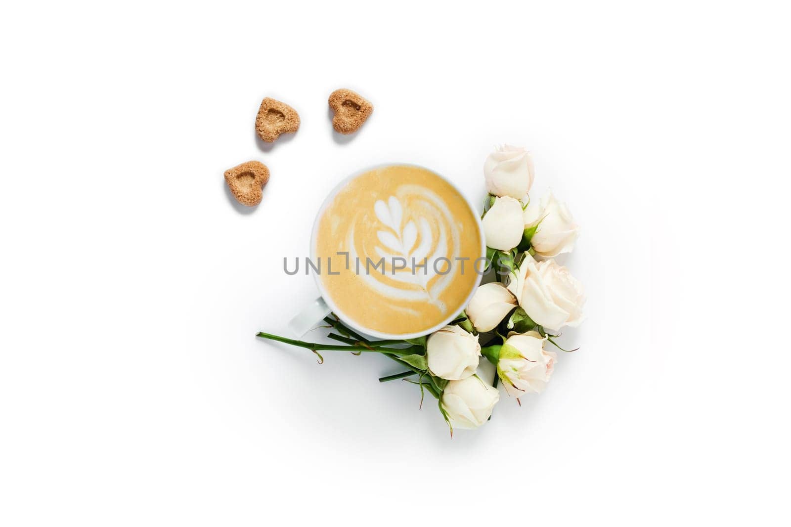 White background with piece of sugar and cup of coffee. Flat lay with space for your text.