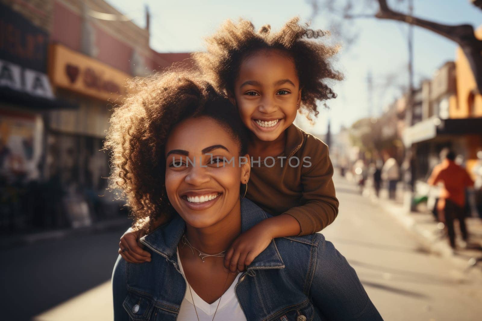 Portrait of happy mother giving a piggyback ride to cute little girl outdoors. AI Generated by Desperada