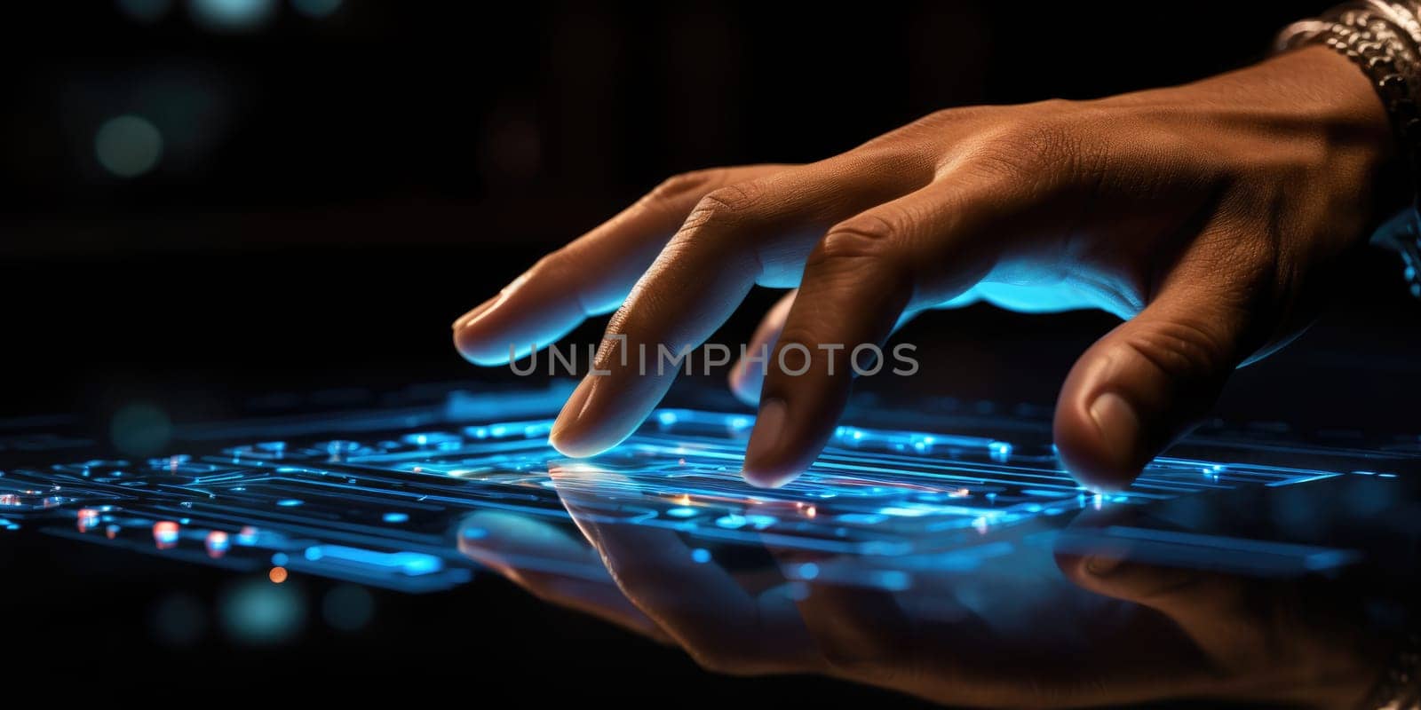 Digitalization Concept: Human Finger Pushes Touch Screen Button and Activates Futuristic Artificial Intelligence. AI Generated