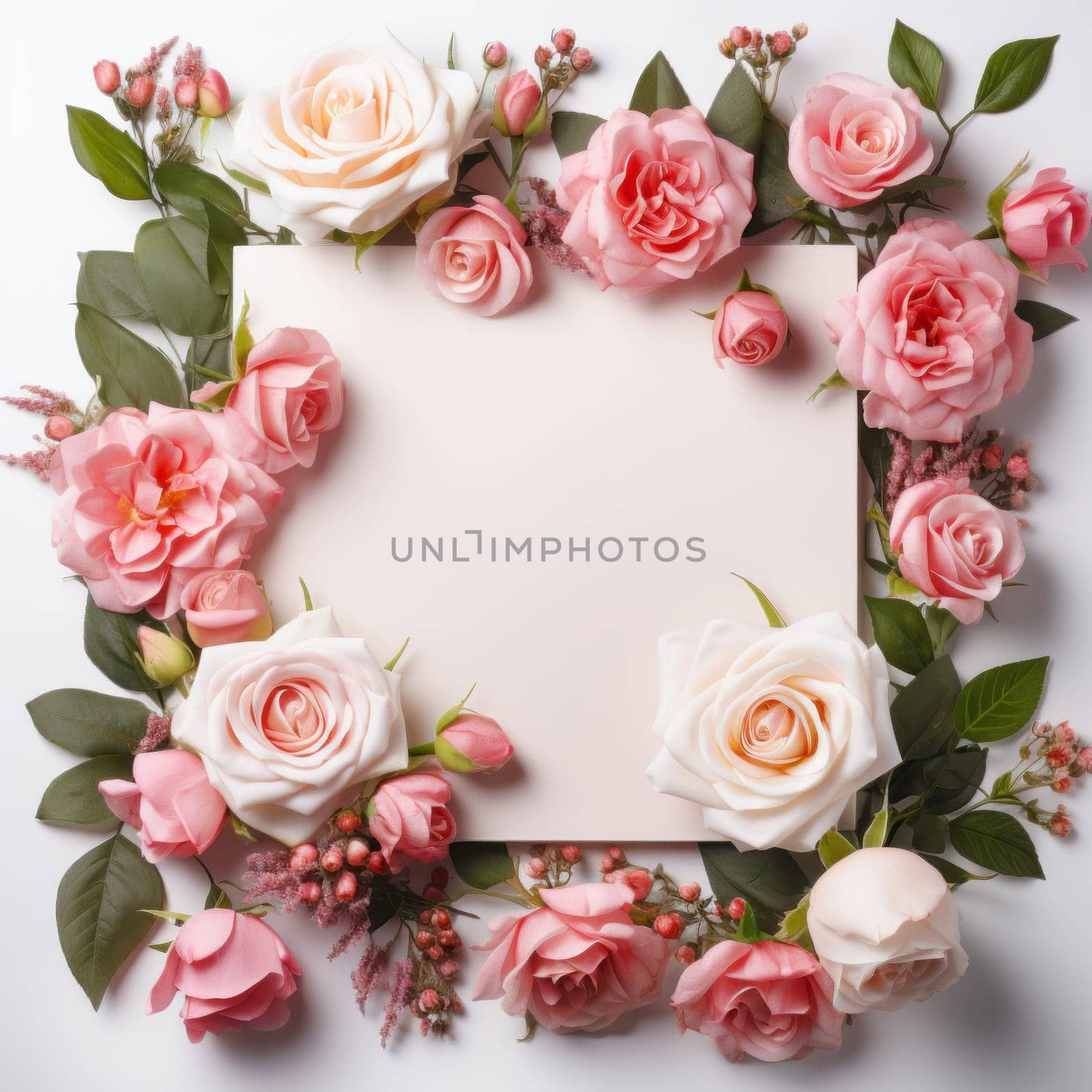 Frame of roses, set of roses and flowers floral wreath or picture invitation greeting card mockup with empty blank space template for wedding and romantic anniversary celebration concepts.