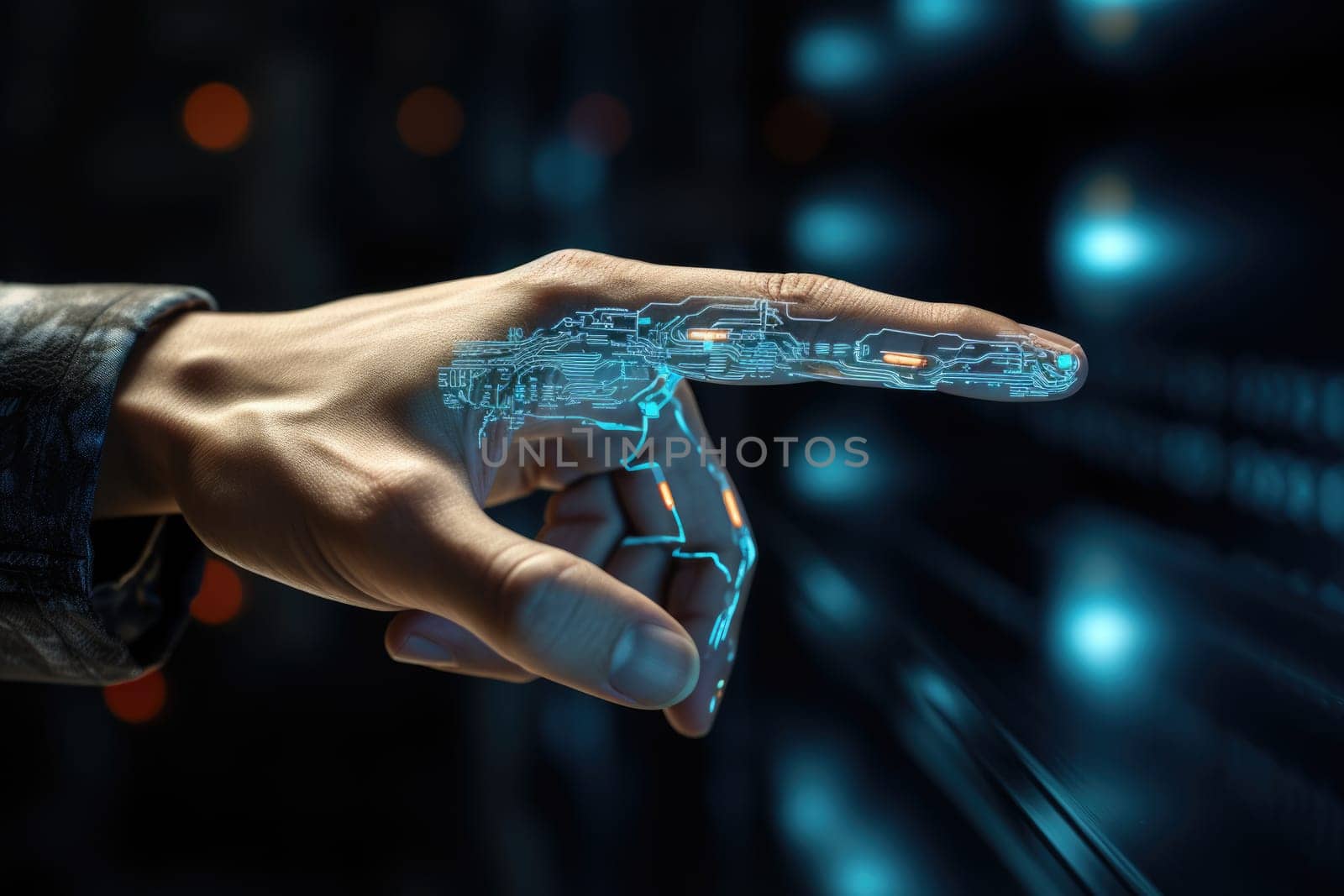 Digitalization Concept: Human Finger Pushes Touch Screen Button and Activates Futuristic Artificial Intelligence. AI Generated