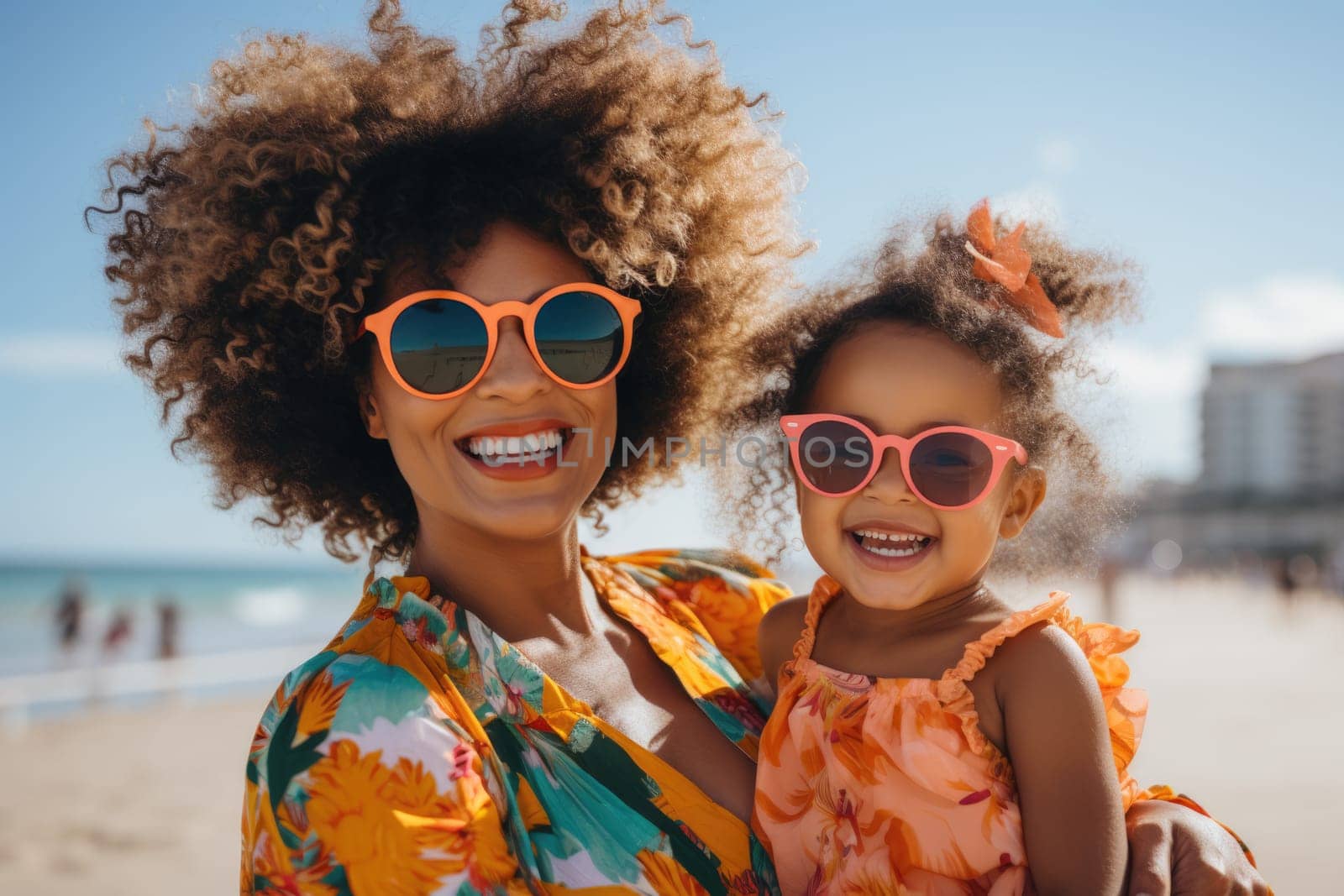 Smiling young mother and beautiful daughter having fun . Portrait of happy mother giving a piggyback ride to cute little girl outdoors. AI Generated