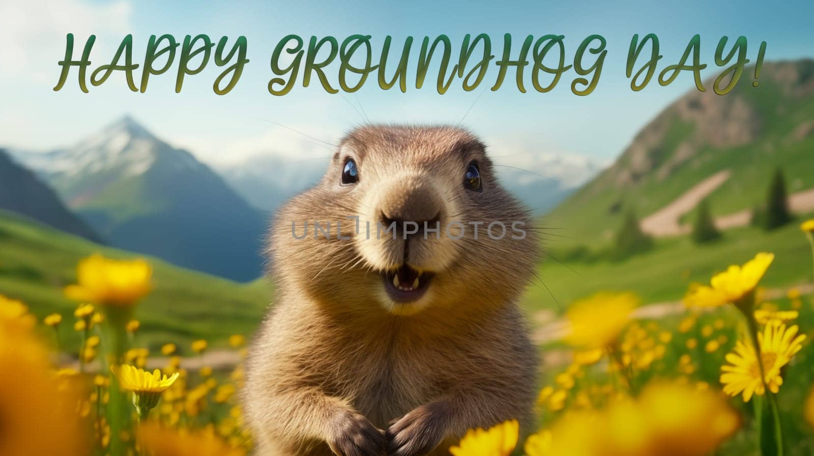 Postcard National Groundhog Day with Text, February 2nd. Cute Groundhog in Meadow with Yellow Buttercups or Dandelion. National Holiday, Postal Card. Horizontal Plane. AI Generated. High quality photo