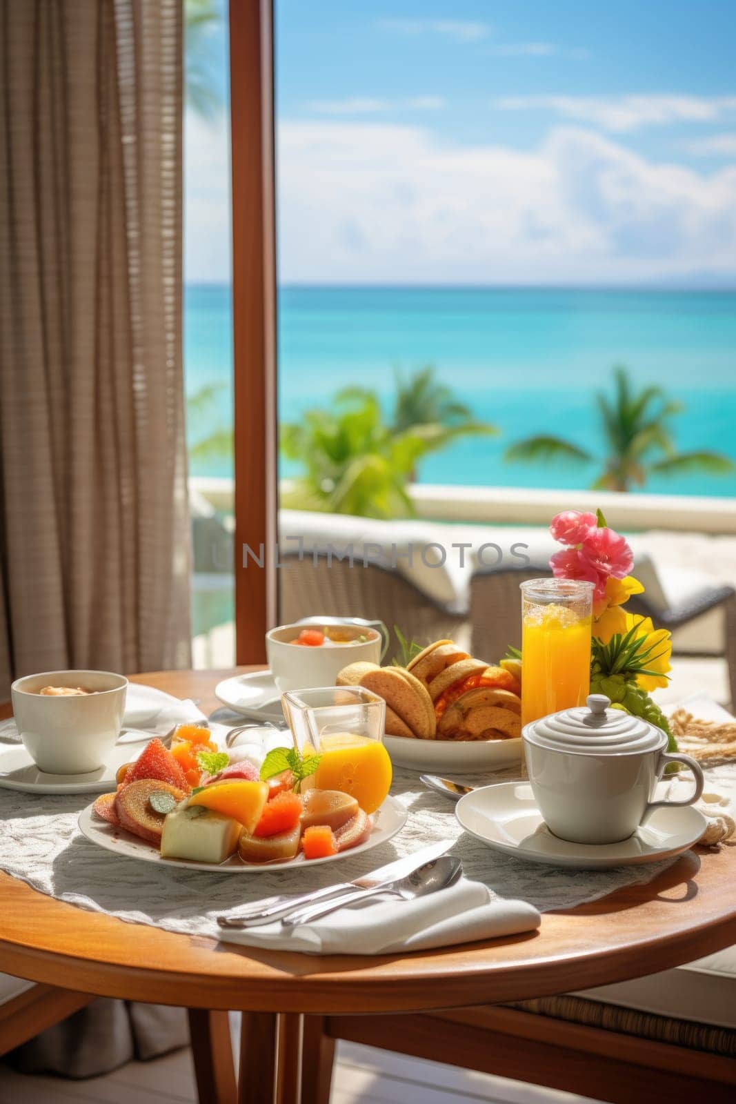 vacation breakfast in luxury hotel with ocean view. Summer love, romance date on vacation concept. AI Generated