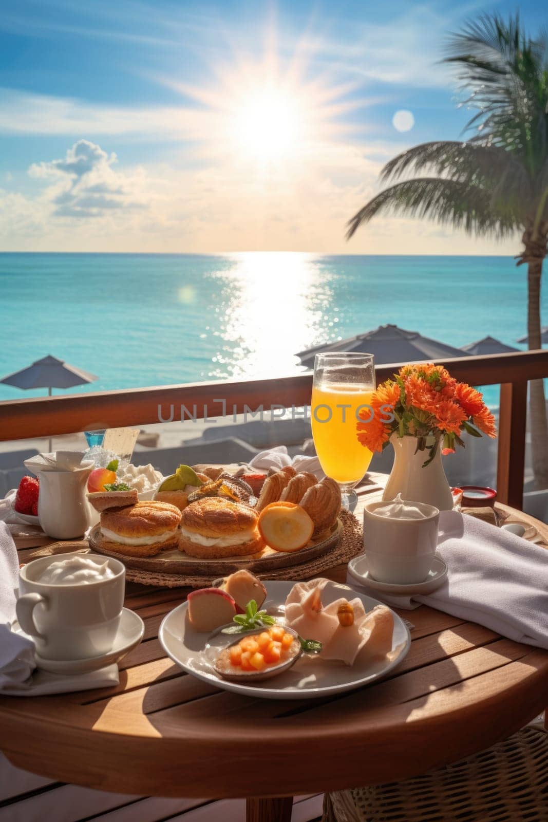 vacation breakfast in luxury hotel with ocean view. Summer love, romance date on vacation concept. AI Generated