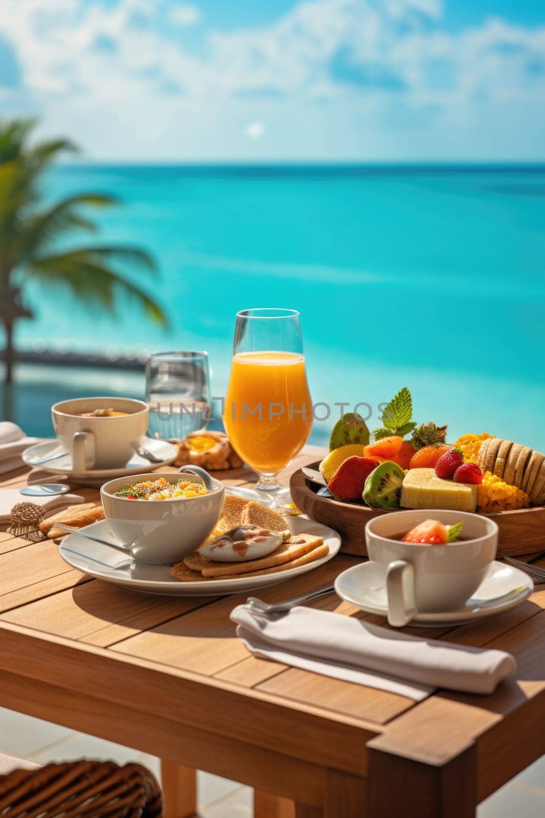 vacation breakfast in luxury hotel with ocean view. Summer love, romance date on vacation concept. AI Generated