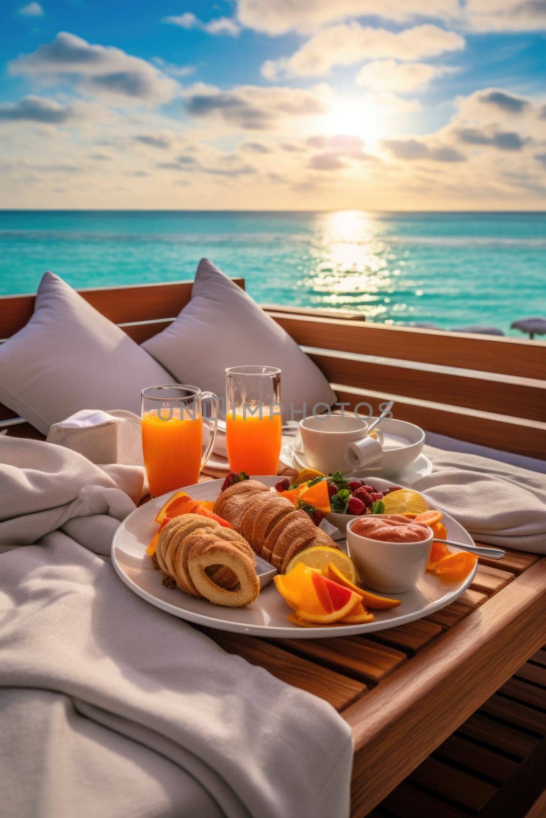 vacation breakfast in luxury hotel with ocean view. Summer love, romance date on vacation concept. AI Generated