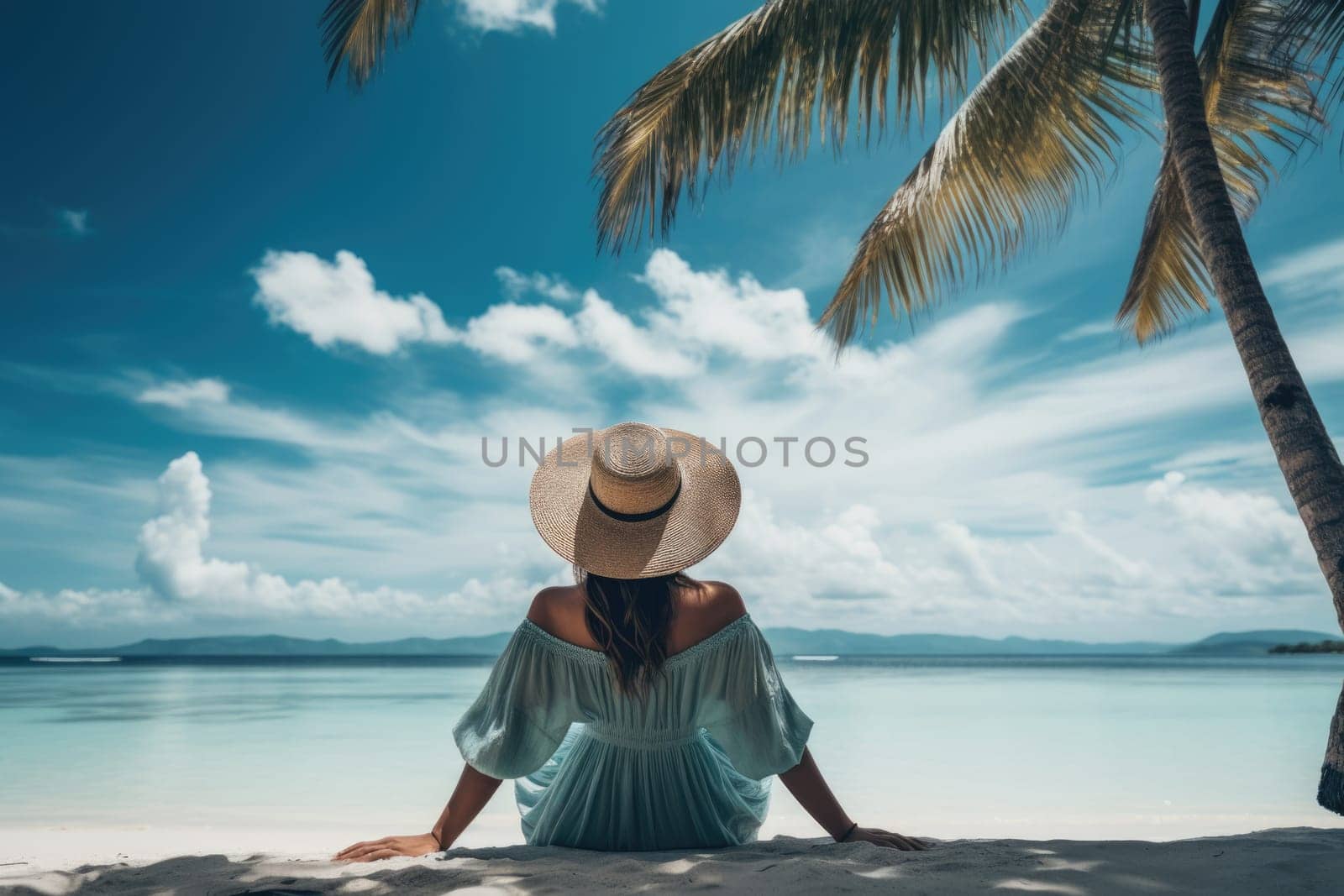back view of woman sitting on the beach under palm tree. AI Generated by Desperada
