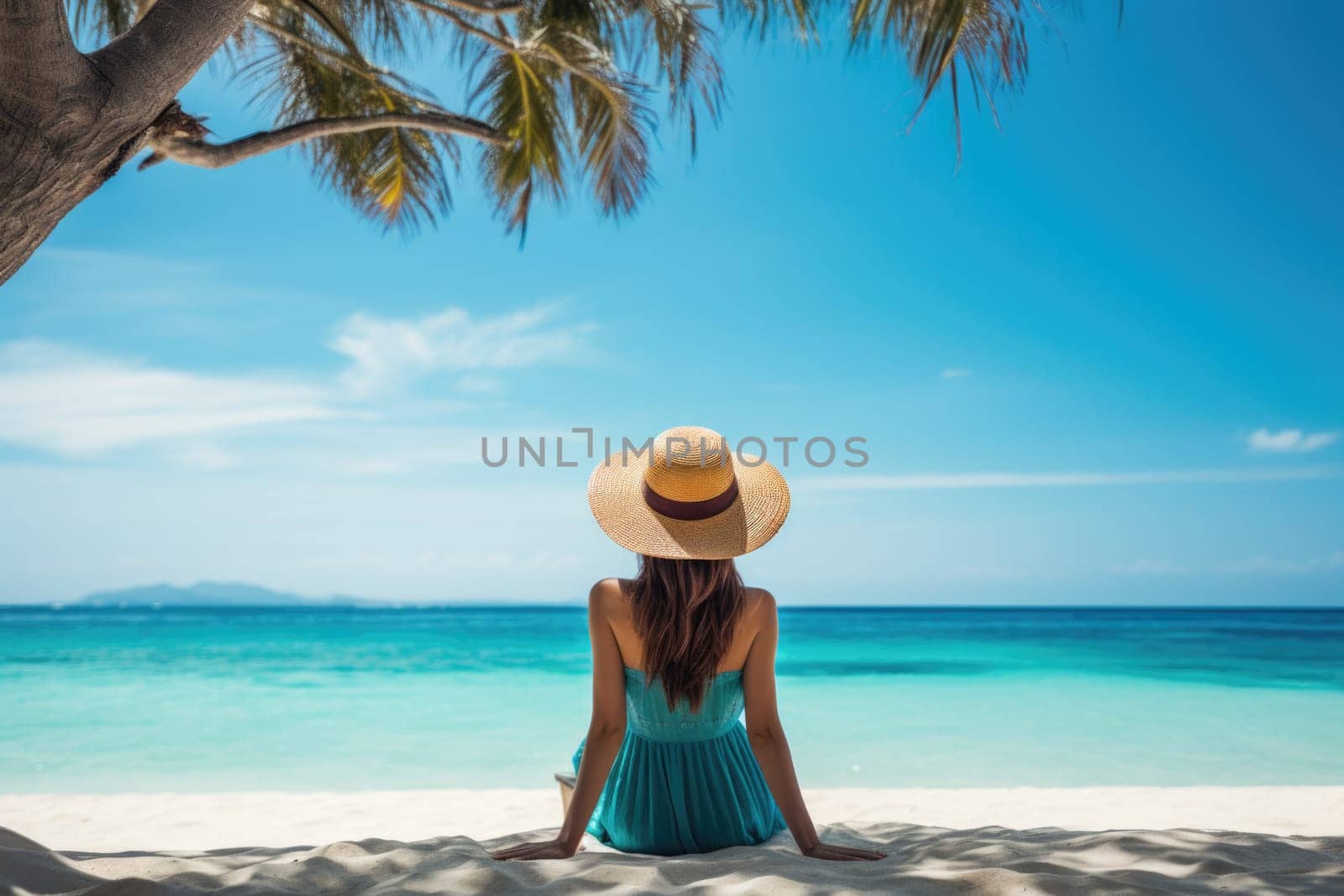 back view of woman sitting on the beach under palm tree. AI Generated by Desperada