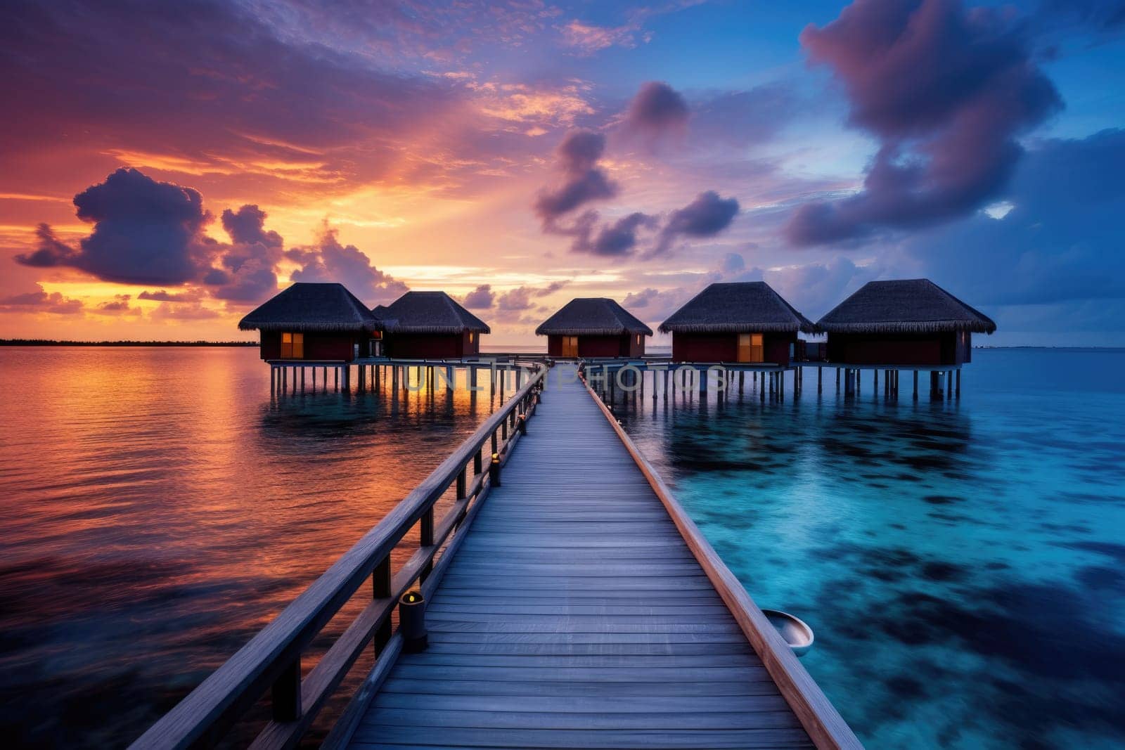 Sunset on Maldives island, luxury water villas resort and wooden pier. Beautiful sky and clouds and beach background for summer vacation holiday and travel concept. AI Generated