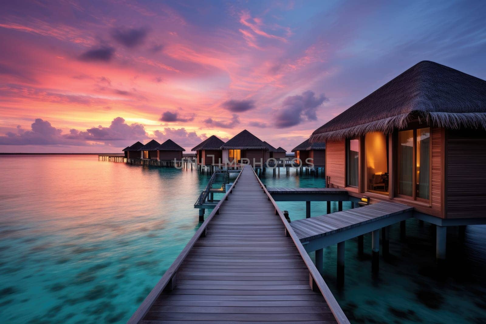 Sunset on Maldives island, luxury water villas resort and wooden pier.AI Generated by Desperada