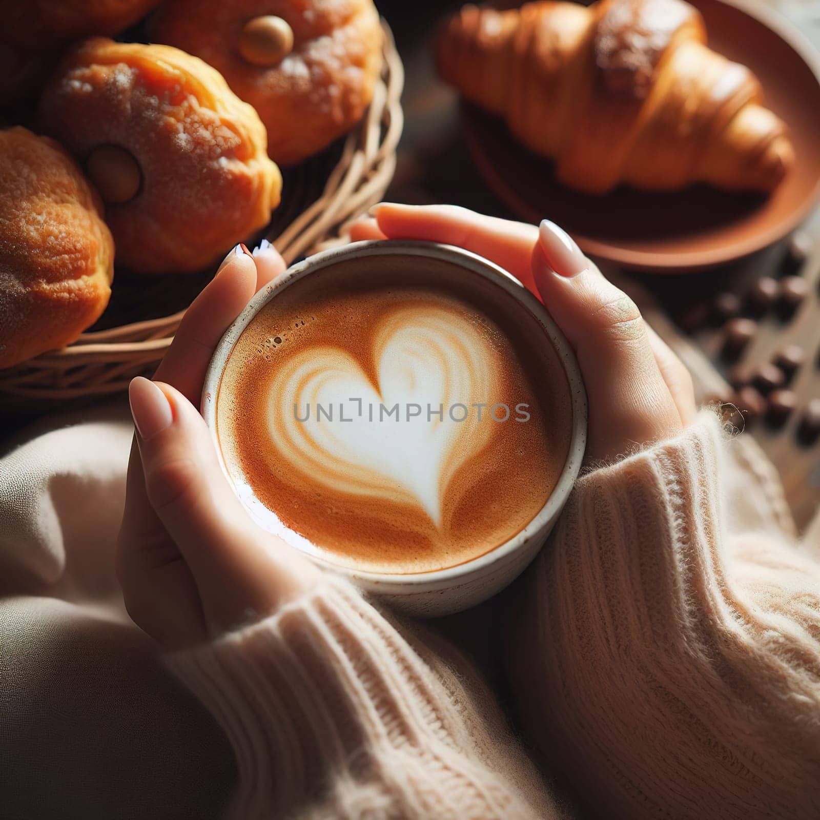 Hands holding a mug of coffee with foam in the form. High quality illustration