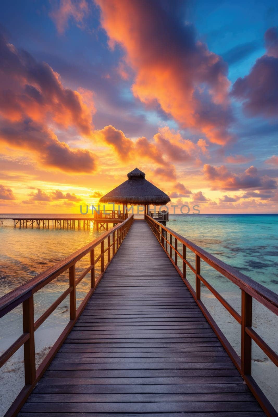 Sunset on Maldives island, luxury water villas resort and wooden pier. Beautiful sky and clouds and beach background for summer vacation holiday and travel concept. AI Generated