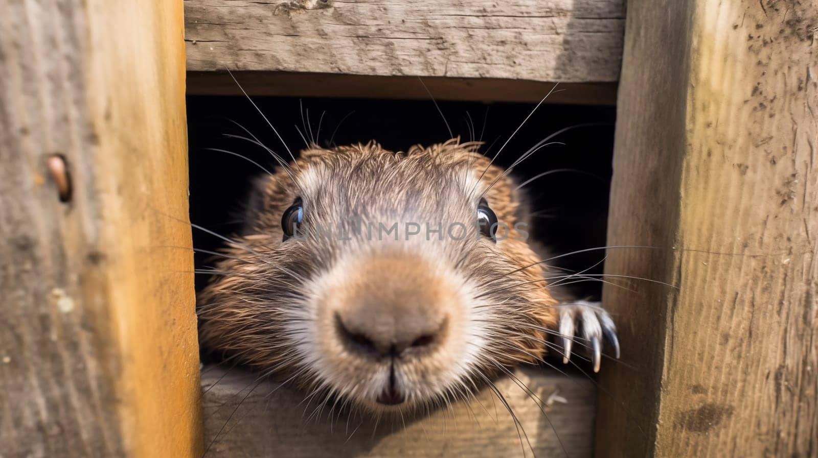 Closeup Wild Groundhog Muzzle in Wooden Cage. Poaching, Illegal Hunting, Capturing of Wild Animals, Endangered Marmot, Rodent. Horizontal Plane. Ai Generated by netatsi