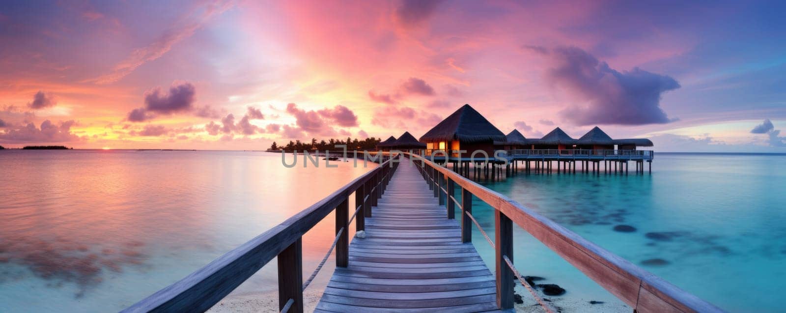 Sunset on Maldives island, luxury water villas resort and wooden pier. Beautiful sky and clouds and beach background for summer vacation holiday and travel concept. AI Generated