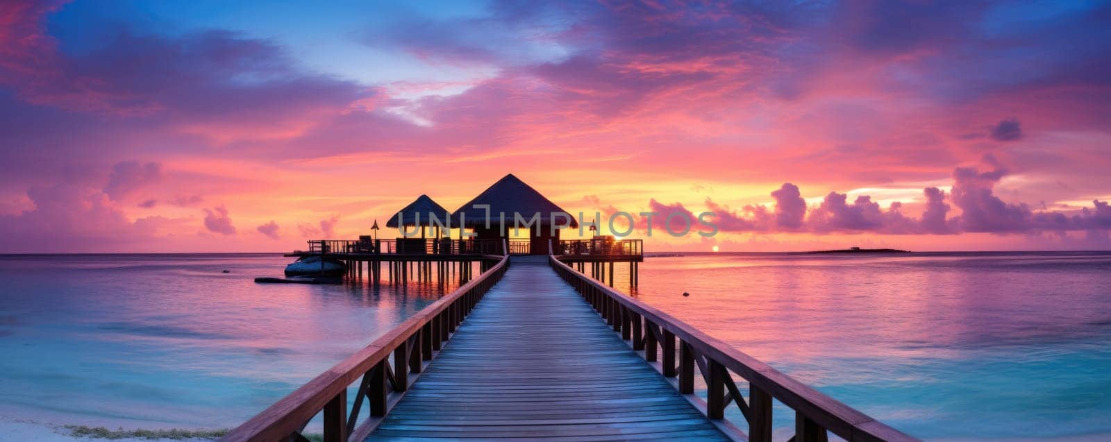 Sunset on Maldives island, luxury water villas resort and wooden pier. Beautiful sky and clouds and beach background for summer vacation holiday and travel concept. AI Generated