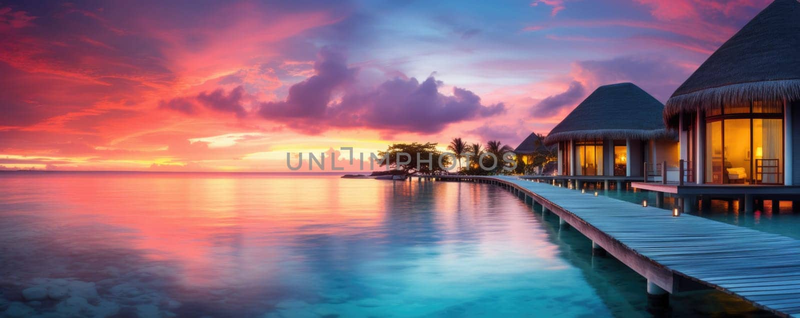 Sunset on Maldives island, luxury water villas resort and wooden pier.AI Generated by Desperada