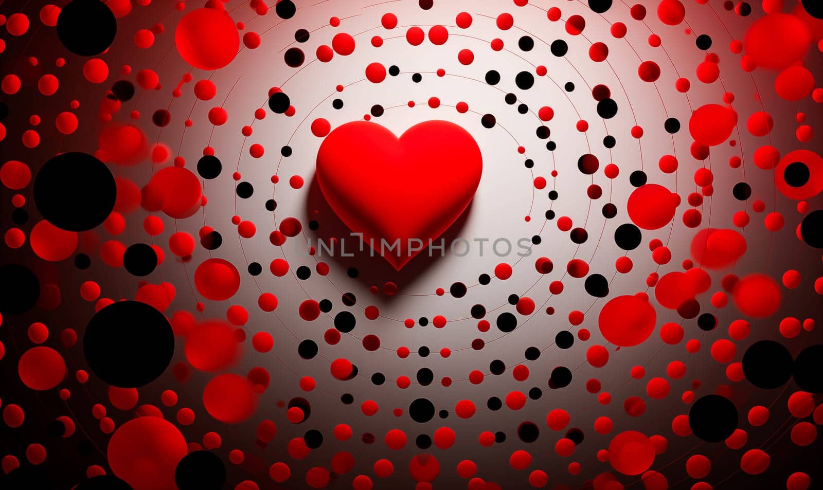 Wallpaper Red Beautiful 3d Red Hearts Surrounded By Red Black Spots, Vibrant Background. Shiny Heart For Saint Valentine's Day. Love, Romance For February 14. Ai Generated. Horizontal Plane. by netatsi