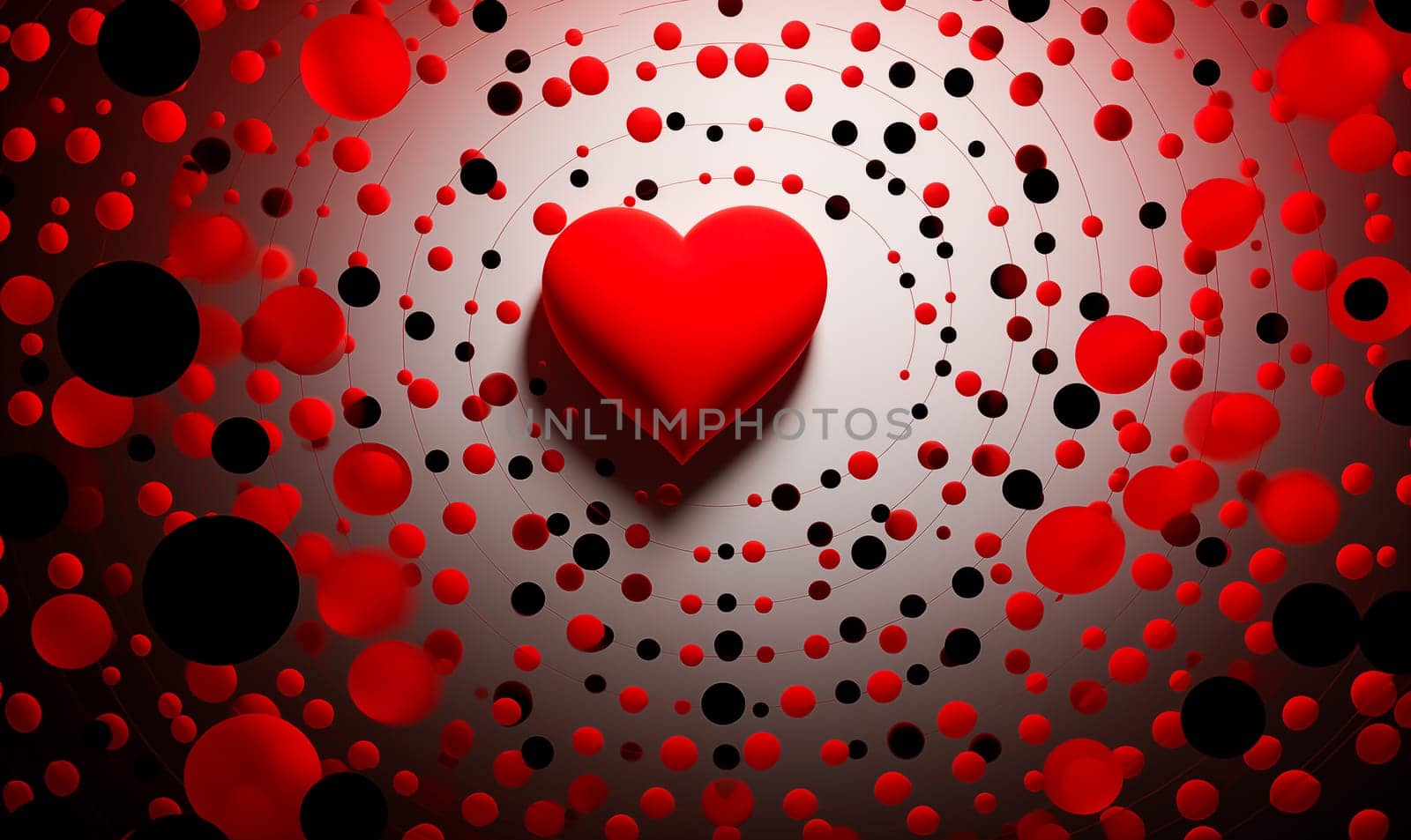 Wallpaper Red Beautiful 3d Red Hearts Surrounded By Red Black Spots, Vibrant Background. Shiny Heart For Saint Valentine's Day. Love, Romance For February 14. Ai Generated. Horizontal Plane. High quality photo